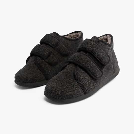 Padders BRIAN Mens Boot Slippers Charcoal side view shoes with adjustable touch fasten straps and warm lining.