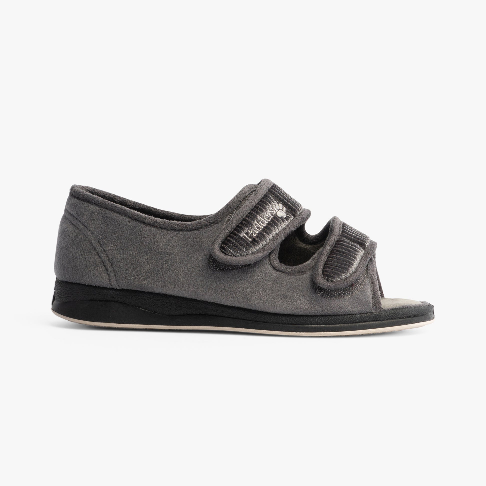 Padders LYDIA X Womens (6E Fit) Touch Fasten Slippers Grey side view showing adjustable touch fasten strap and open toe design.