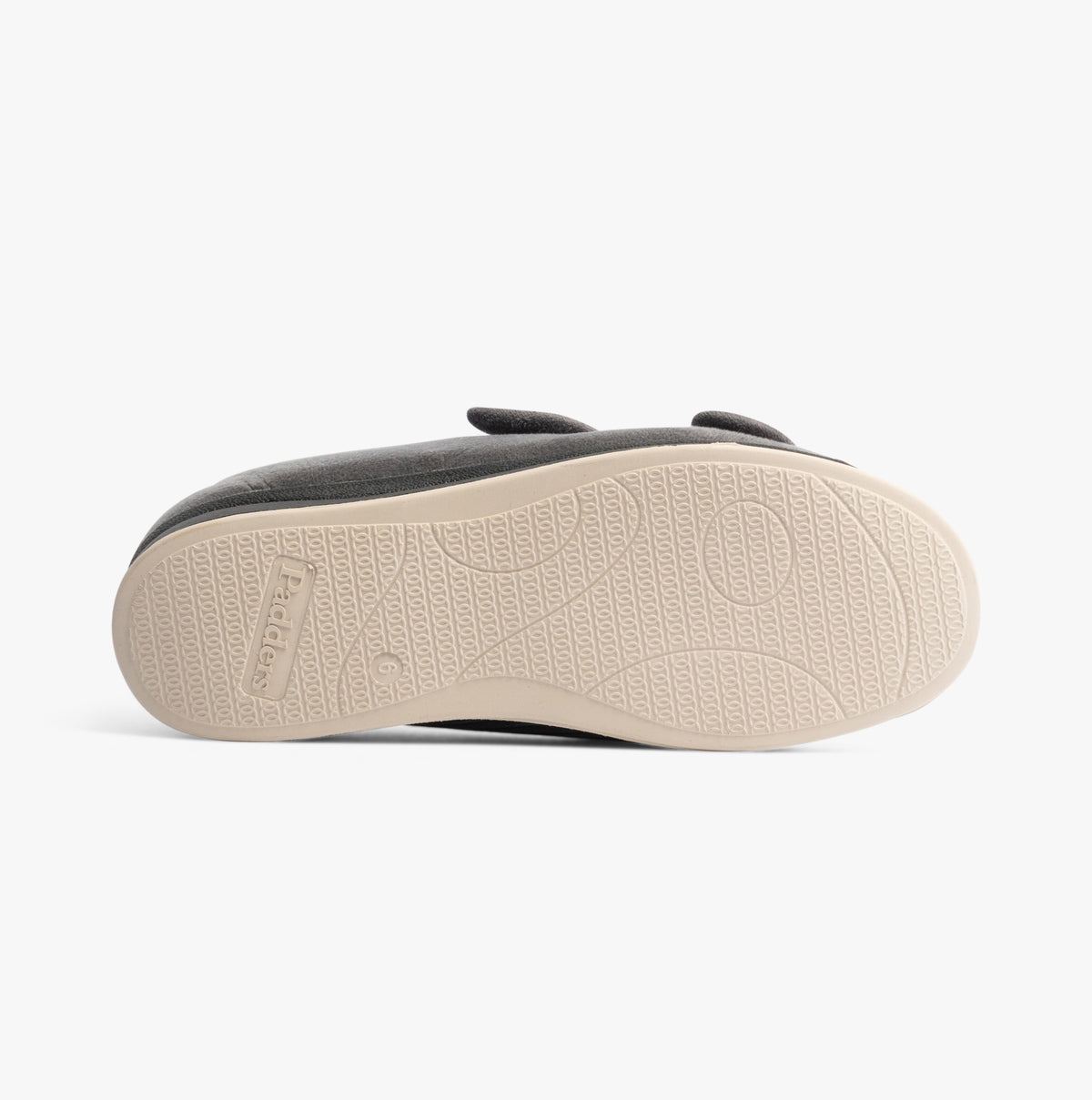 Padders LYDIA X Womens (6E Fit) Touch Fasten Slippers Grey bottom view featuring rubber sole texture.
