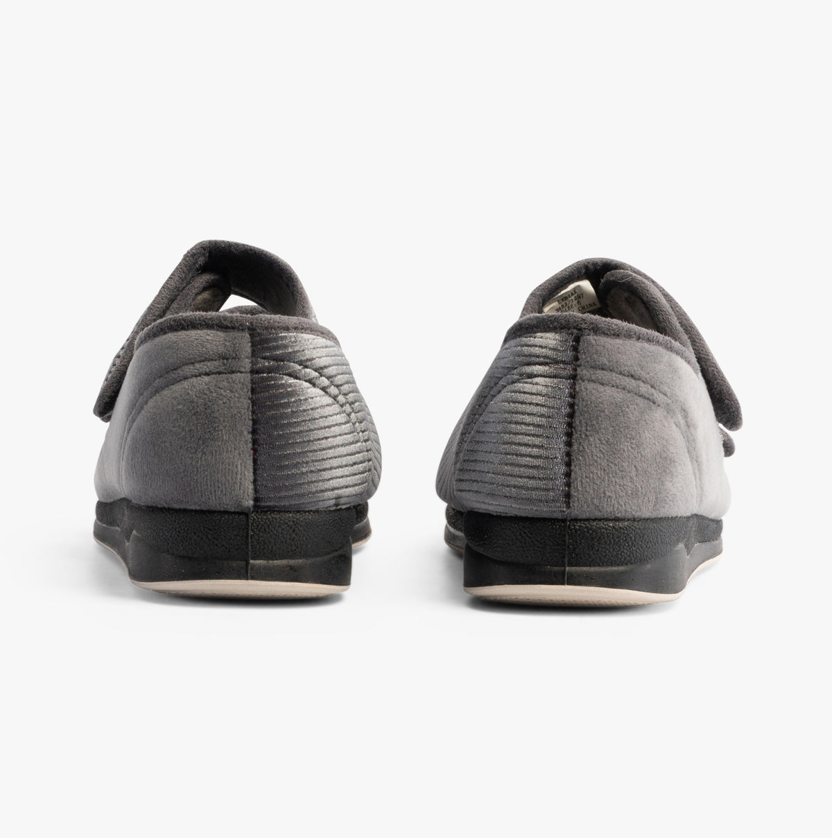 Padders LYDIA X Womens (6E Fit) Touch Fasten Slippers Grey back view showcasing soft textile upper and rubber sole.