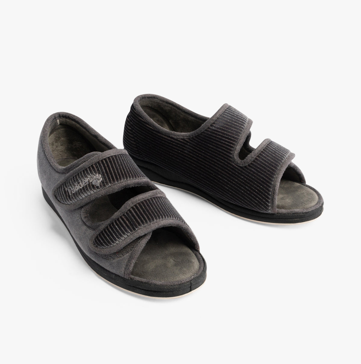 Padders LYDIA X Womens (6E Fit) Touch Fasten Slippers Grey side view showcasing adjustable straps and open toe design.