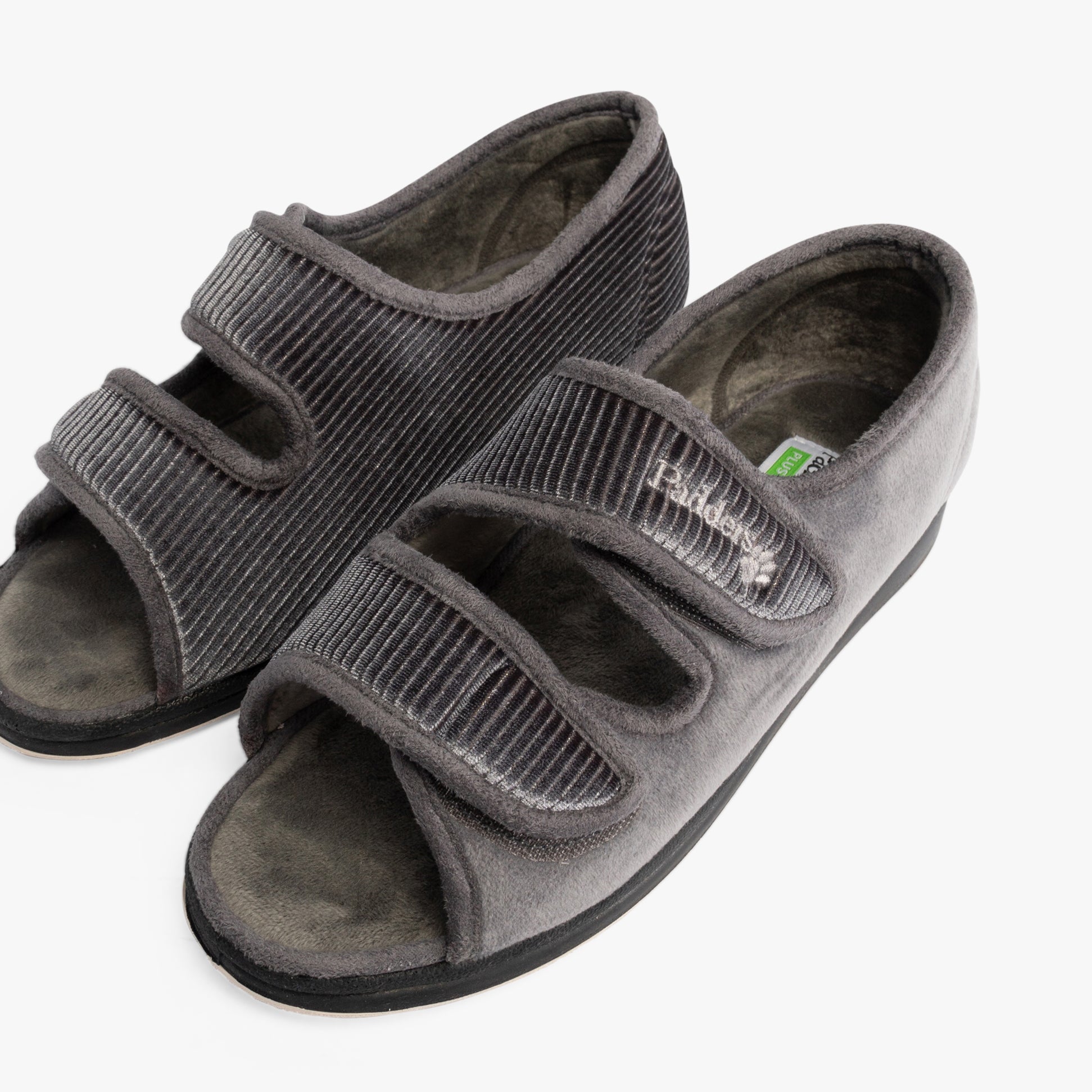 Padders LYDIA X Womens (6E Fit) Touch Fasten Slippers Grey side view, showcasing adjustable straps and soft comfort.