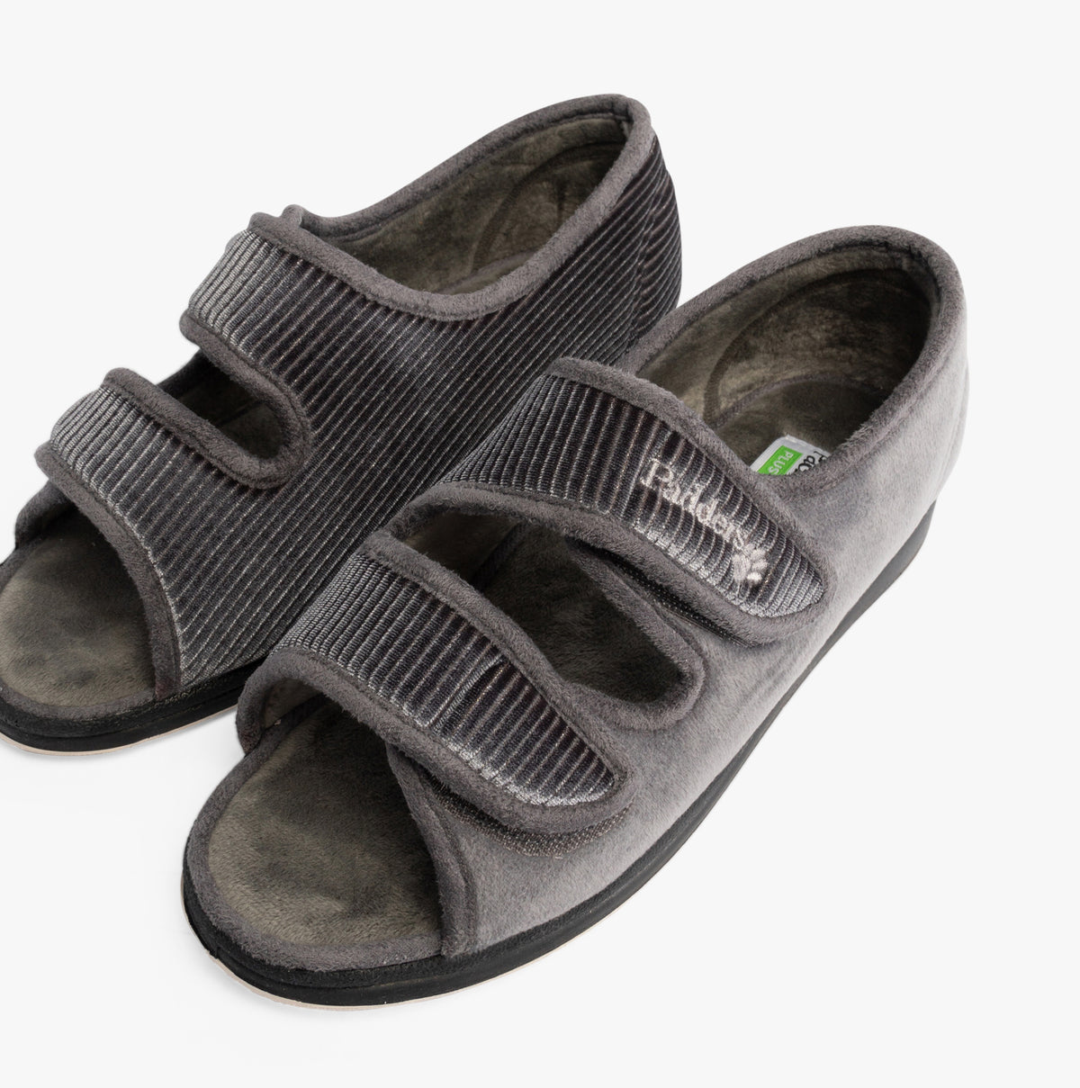 Padders LYDIA X Womens (6E Fit) Touch Fasten Slippers Grey side view, showcasing adjustable straps and soft comfort.