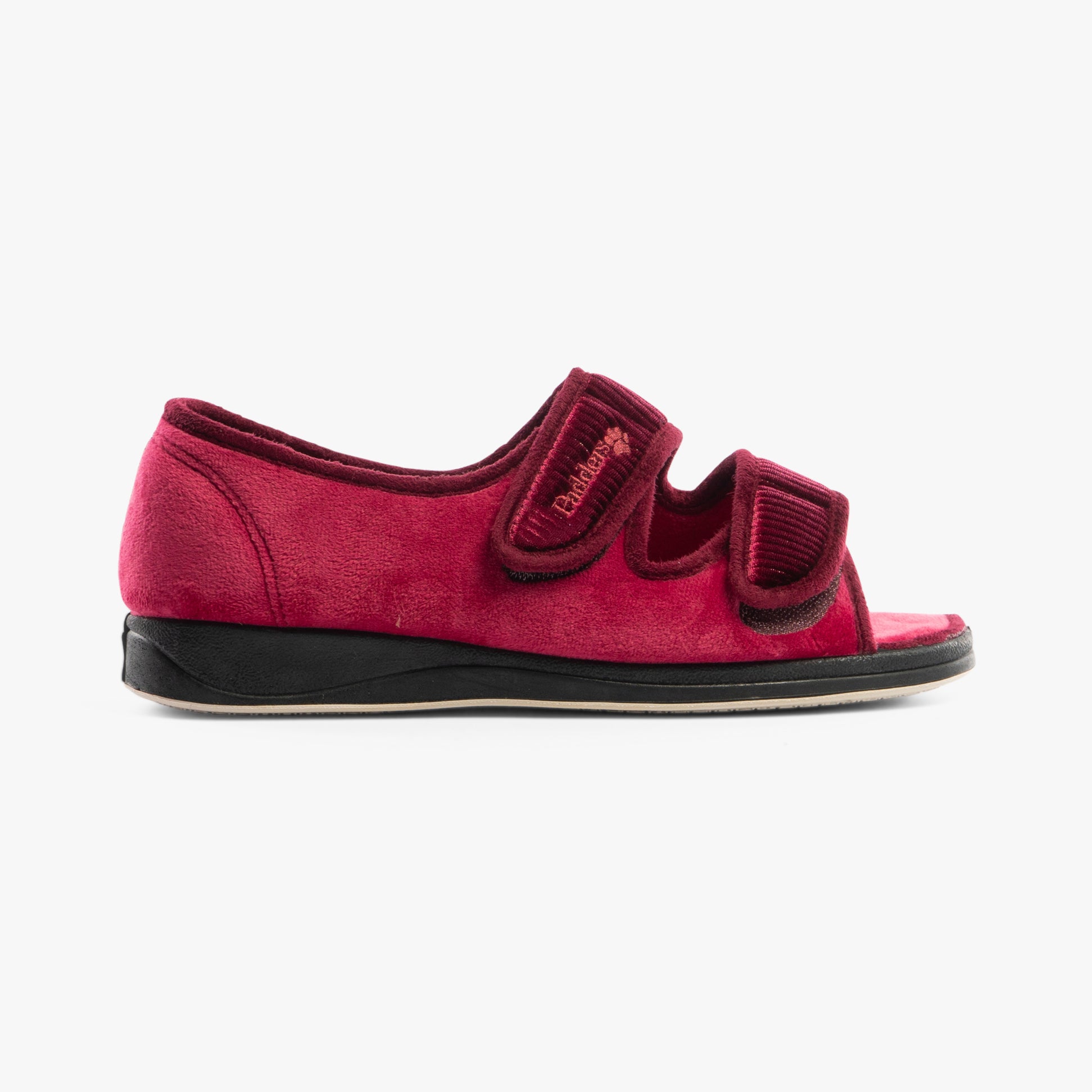 Padders LYDIA X Womens (6E Fit) Touch Fasten Slippers Winter Red side view showcasing adjustable strap and open toe design.