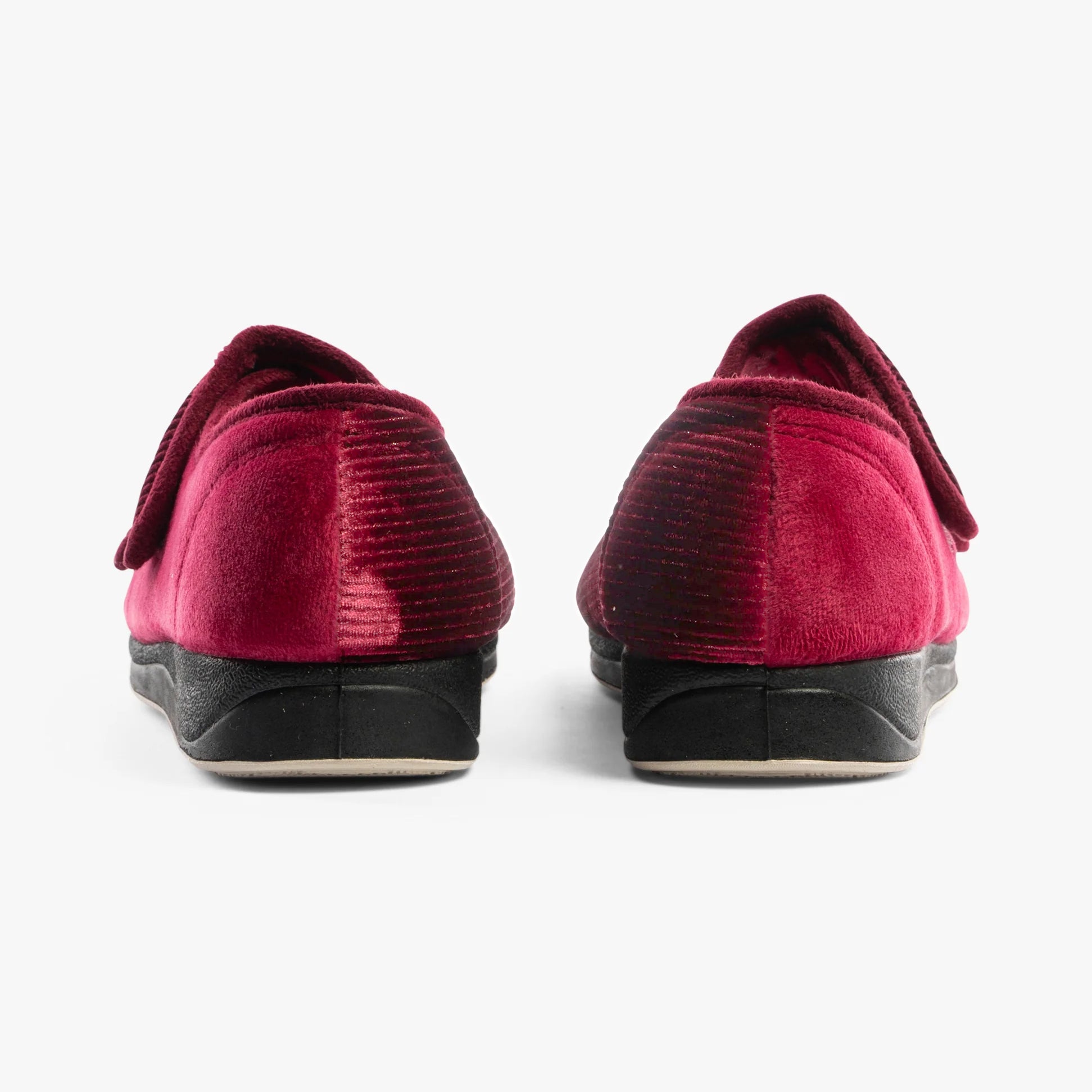 Padders LYDIA X Womens (6E Fit) Touch Fasten Slippers Winter Red rear view showcasing soft textile upper and rubber sole.