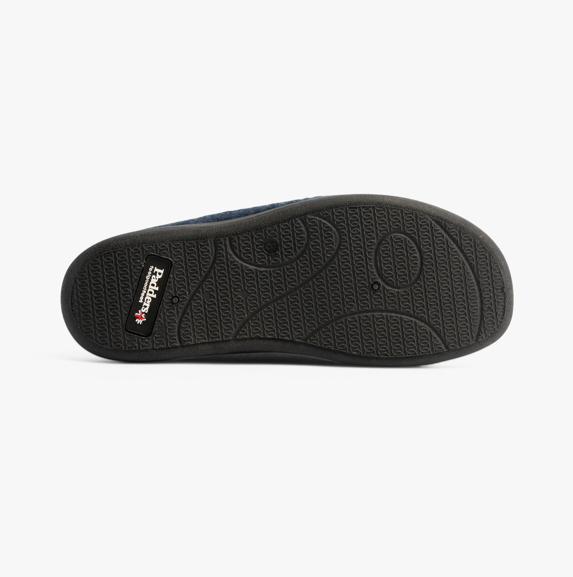 Padders FELIX Mens Mule Slippers Blue Felt bottom view with rubber sole, featuring textured grip and brand logo.