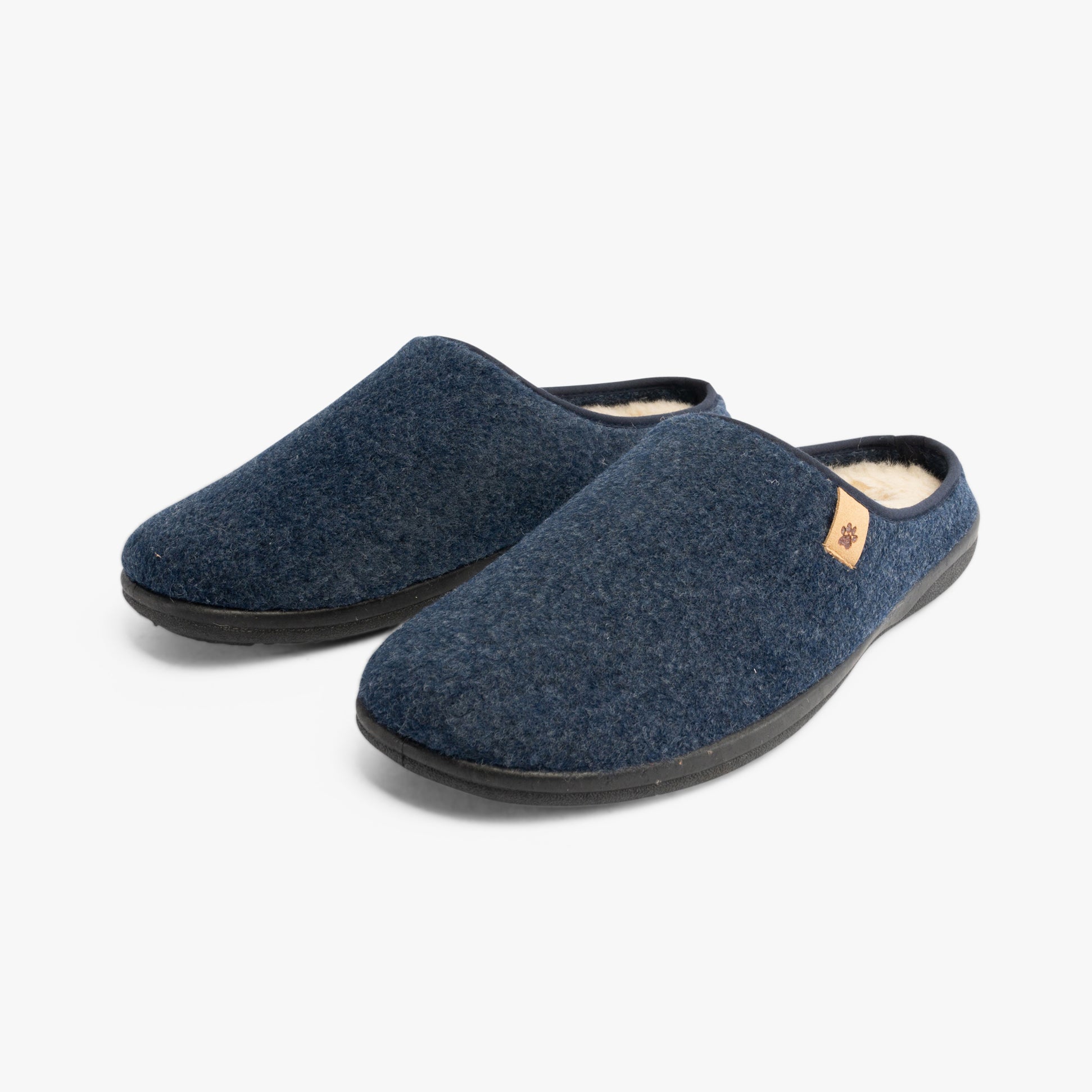 Padders FELIX Mens Mule Slippers Blue Felt, side view showing the textile upper and rubber sole.