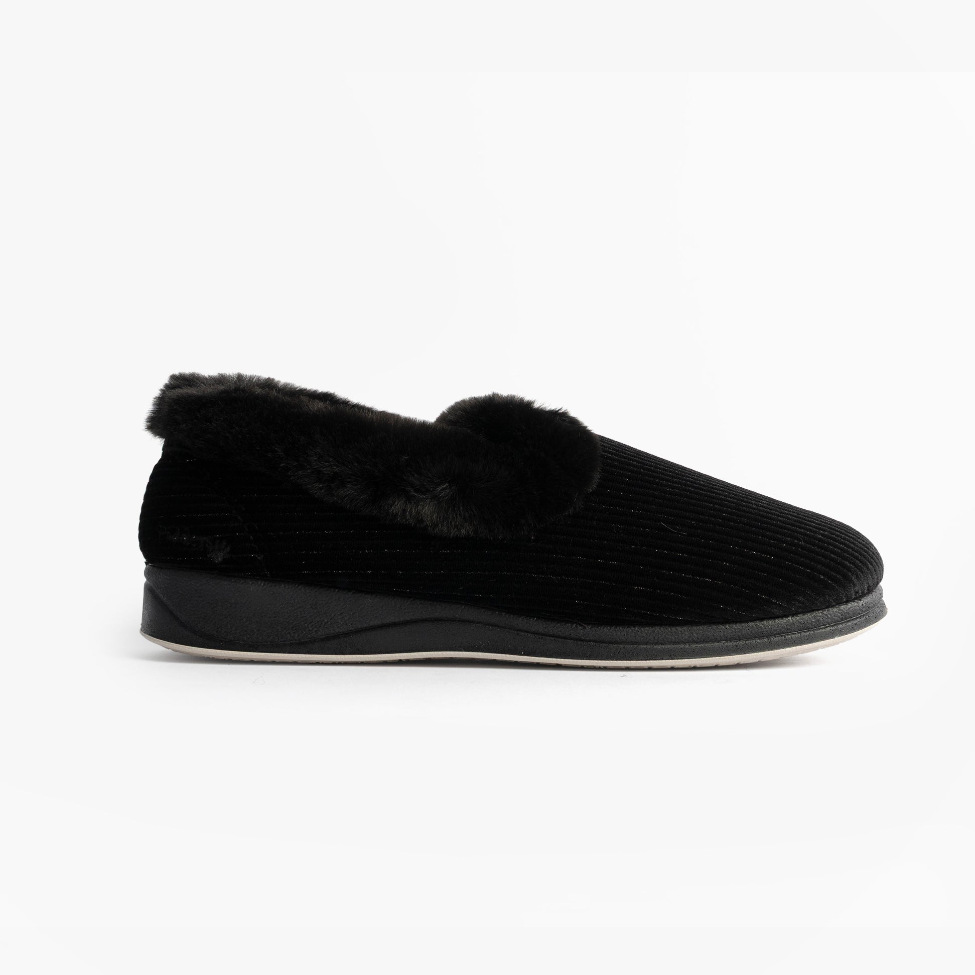 Padders CAMILLA Womens (2E Fit) Touch Fasten Slippers Black side view showing soft textile upper and round toe shape.