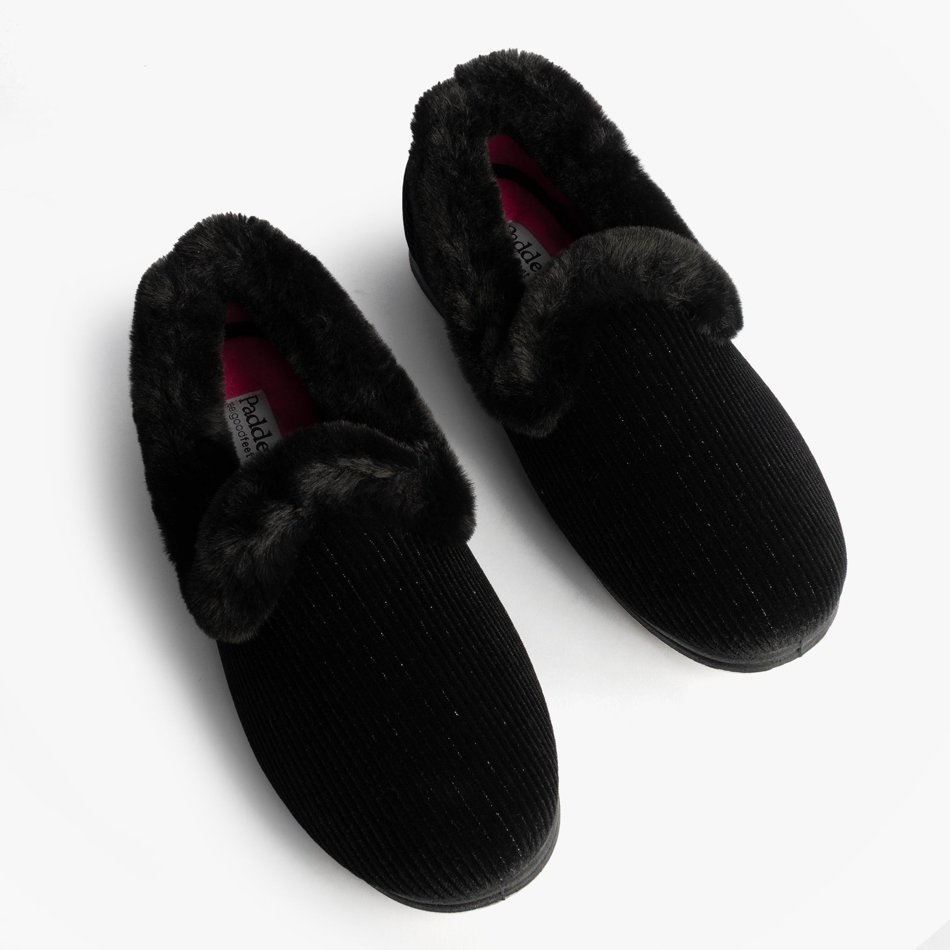 Padders CAMILLA Womens (2E Fit) Touch Fasten Slippers Black top view showing plush fur lining and textured upper.