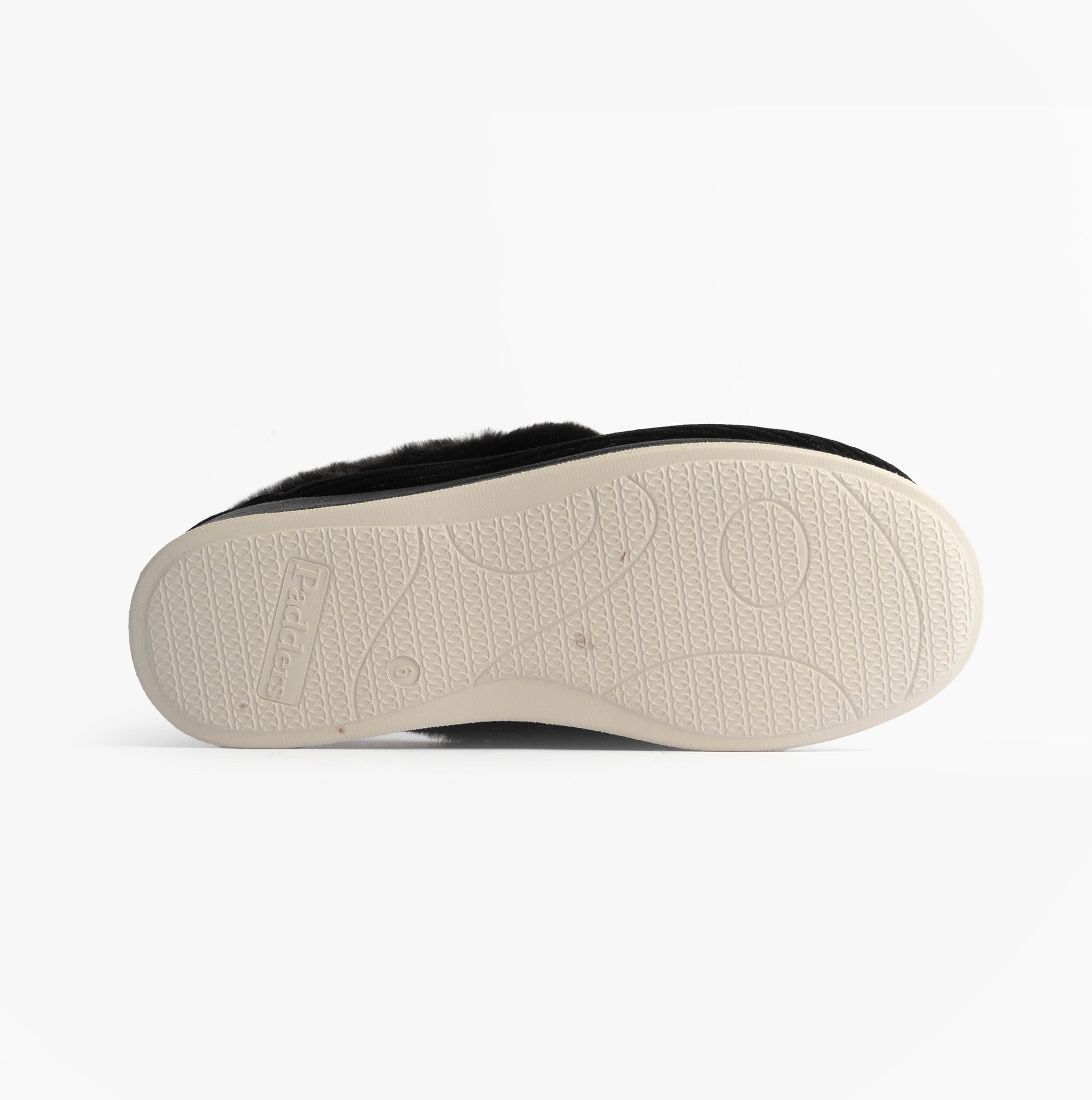 Padders CAMILLA Womens (2E Fit) Touch Fasten Slippers Black bottom view showing the rubber sole with textured pattern.