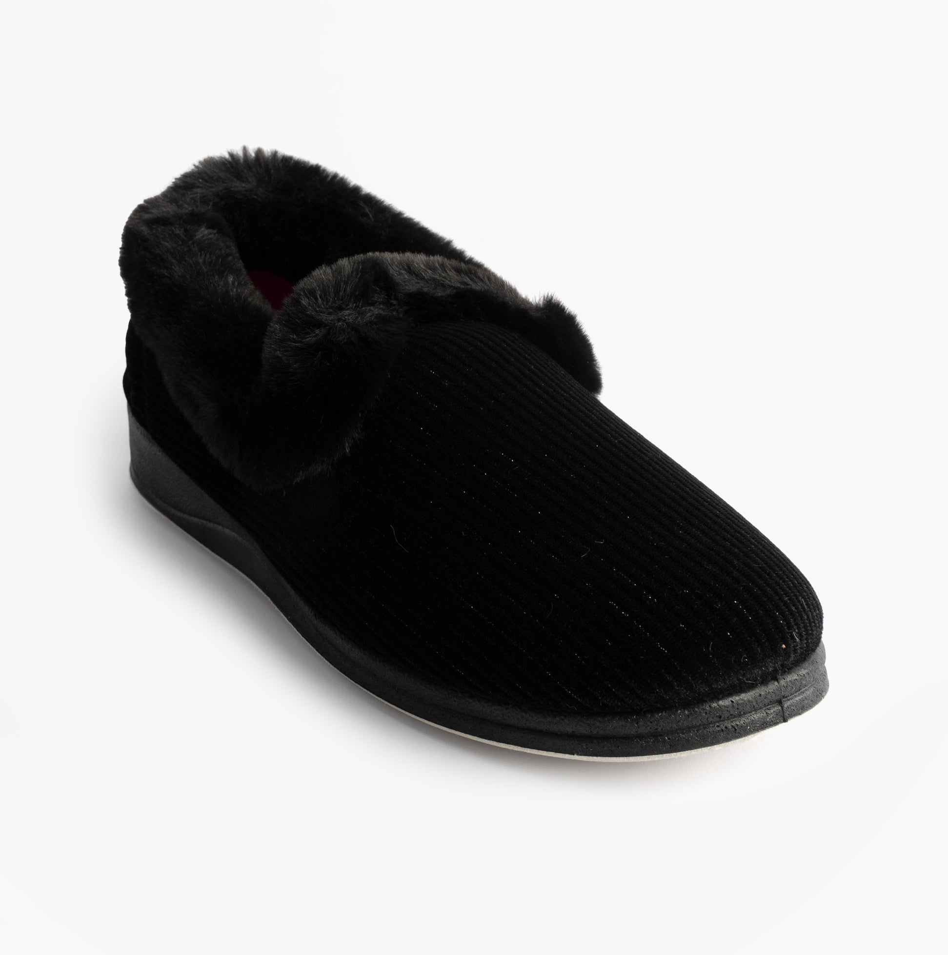 Padders CAMILLA Womens (2E Fit) Touch Fasten Slippers Black side view showing plush upper and rubber sole.