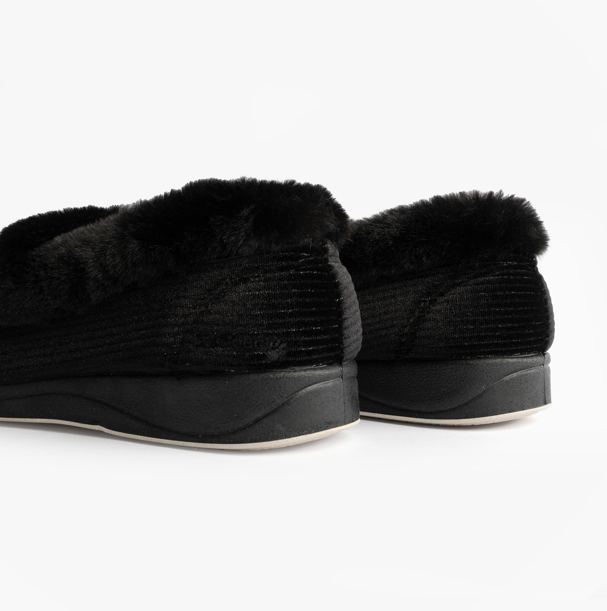 Padders CAMILLA Womens (2E Fit) Touch Fasten Slippers Black rear view showing soft textile upper and rubber sole.