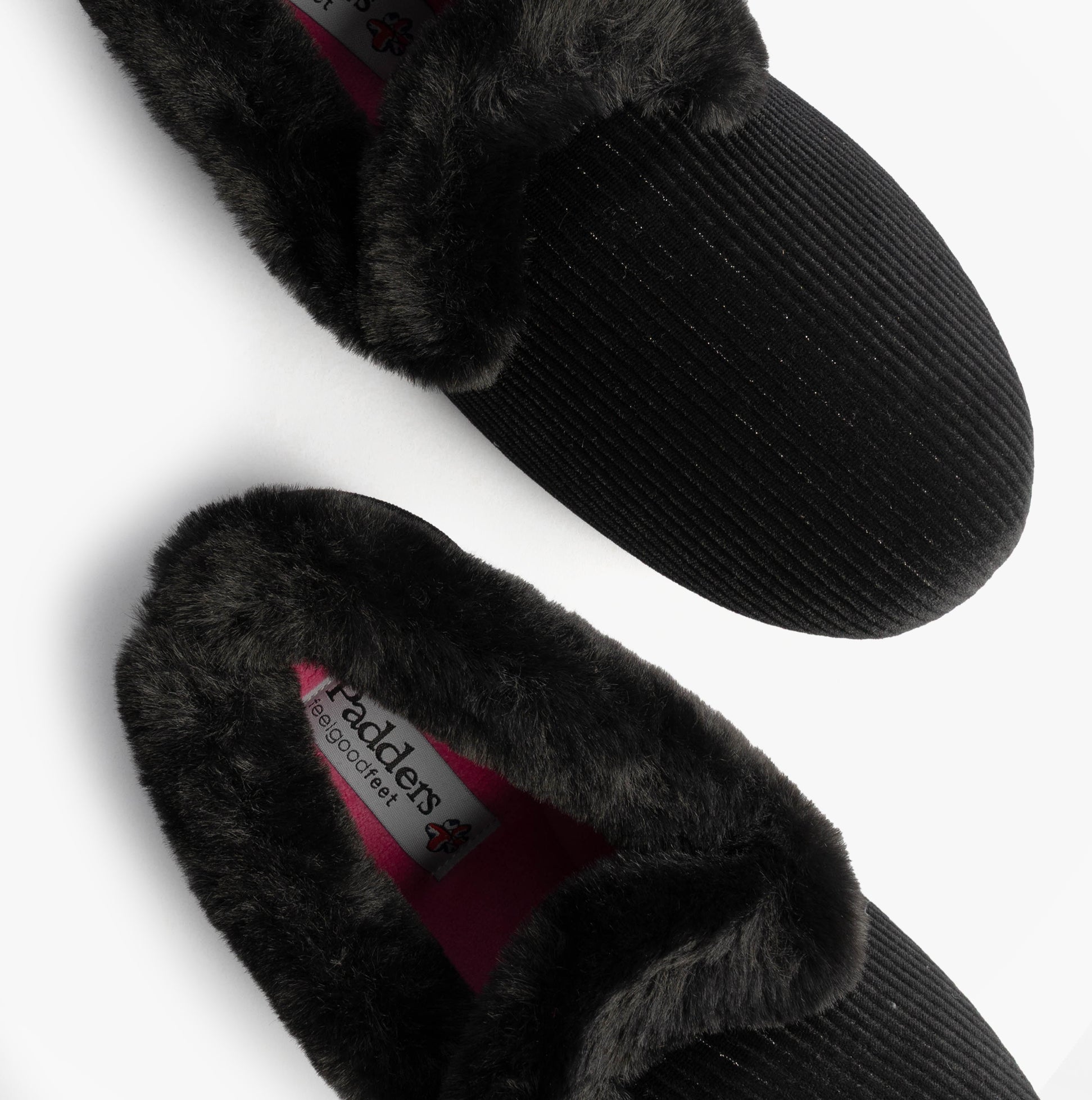 Padders CAMILLA Womens (2E Fit) Touch Fasten Slippers Black top view showing soft textile lining and round toe shape.