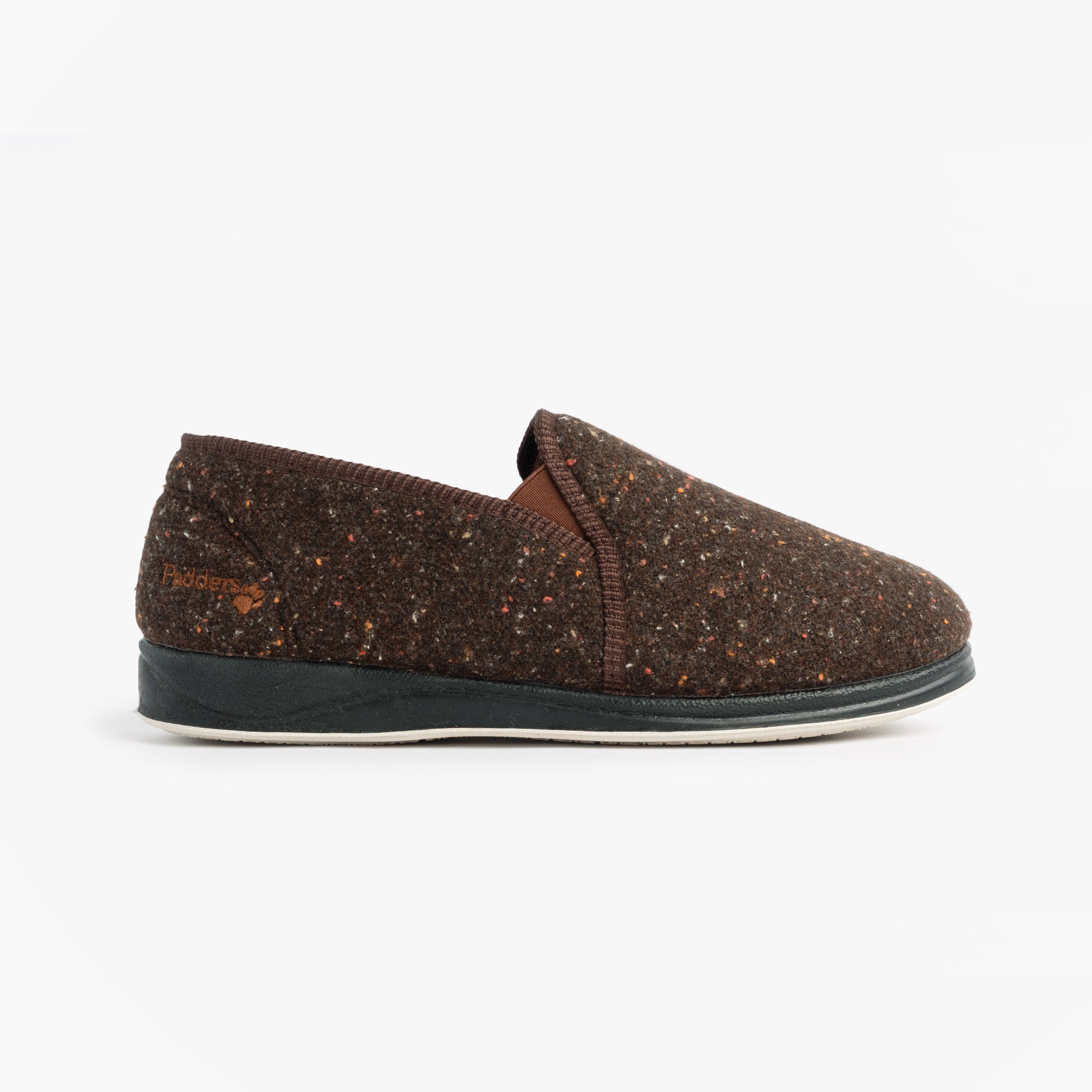 Padders ALBERT Mens (G Fit) Full Slipper Slippers Brown Tweed side view with textured upper and rubber sole.