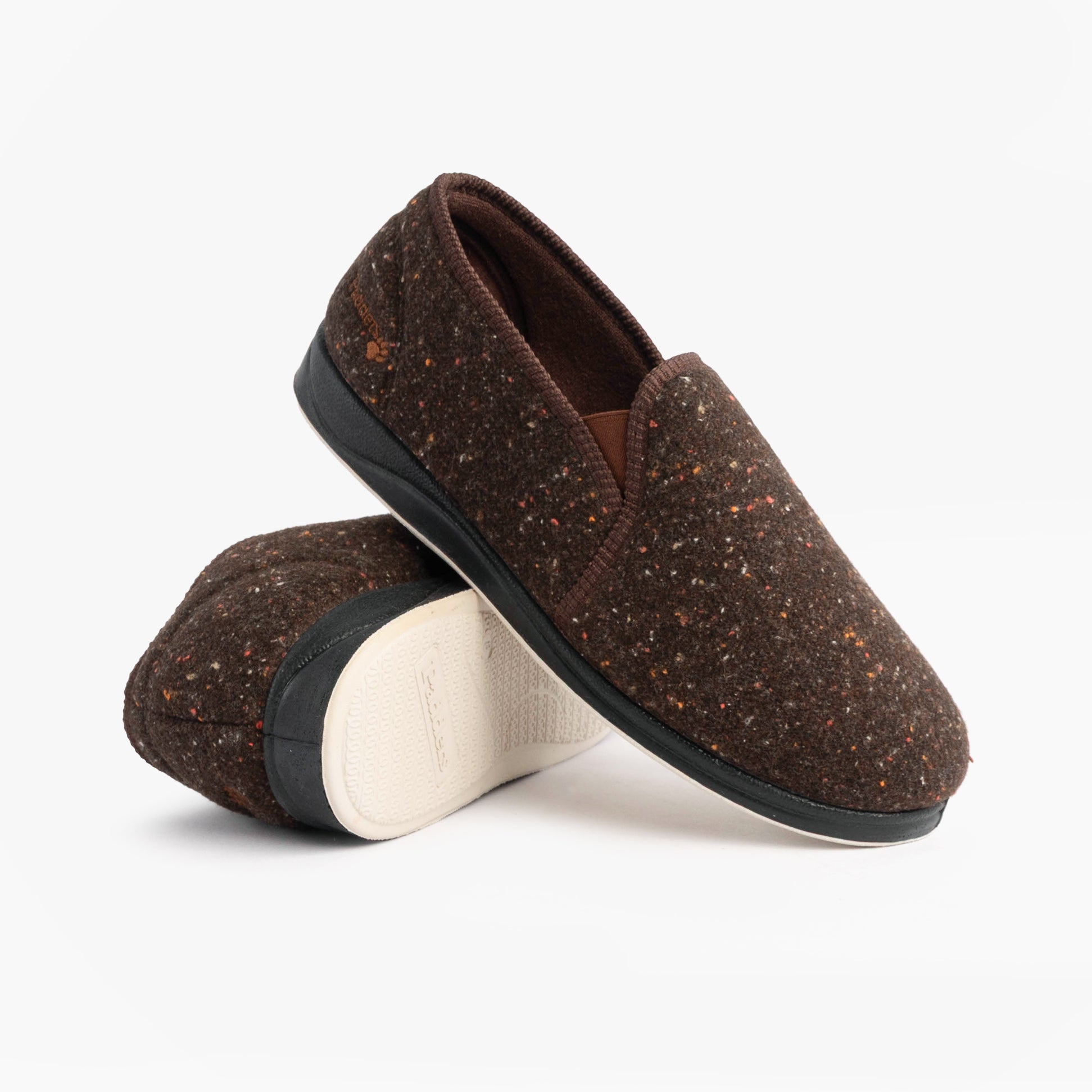 Padders ALBERT Mens (G Fit) Full Slipper Slippers Brown Tweed side view showing textile upper and rubber sole