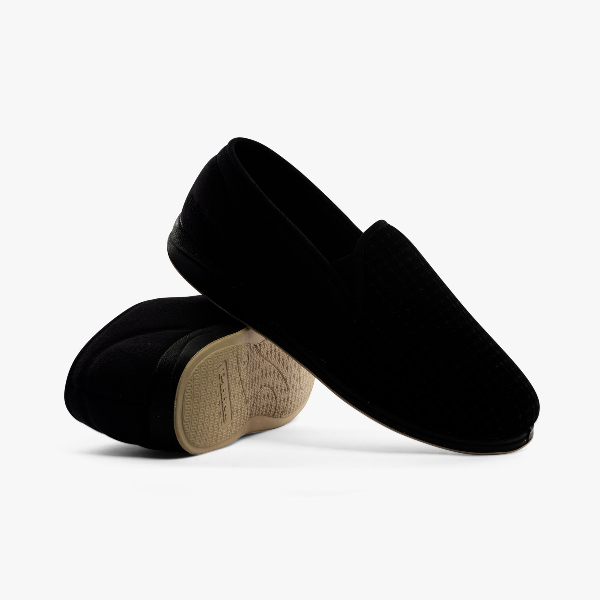Padders ALBERT Mens (G Fit) Full Slippers Black Check rear and side view showing textile upper and rubber sole.