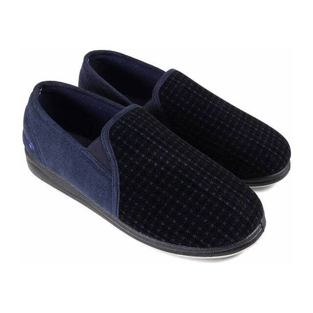 Padders ALBERT Mens (G Fit) Moccasin Slippers Navy Check side view showing textile upper and rubber sole.