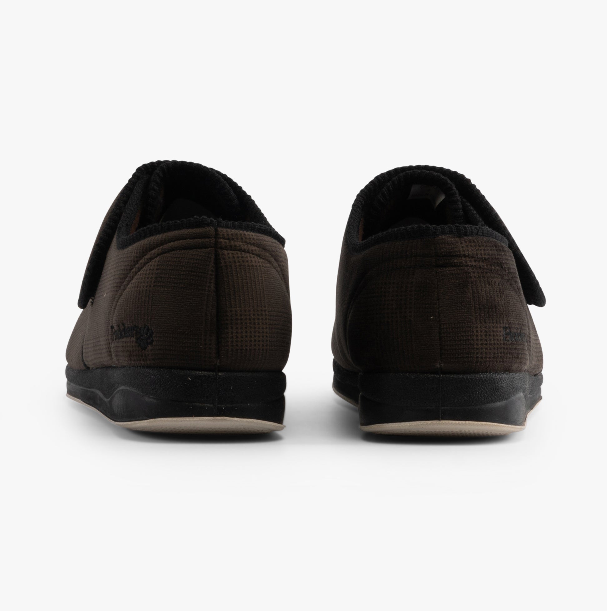Padders CHARLES Mens (G Fit) Slippers Brown Checked back view showing textile upper and rubber sole.