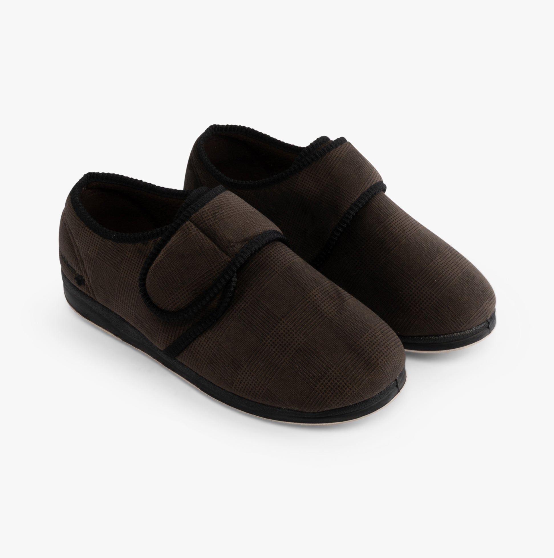 Padders CHARLES Mens (G Fit) Slippers Brown Checked top view featuring a touch fasten closure and round toe design.