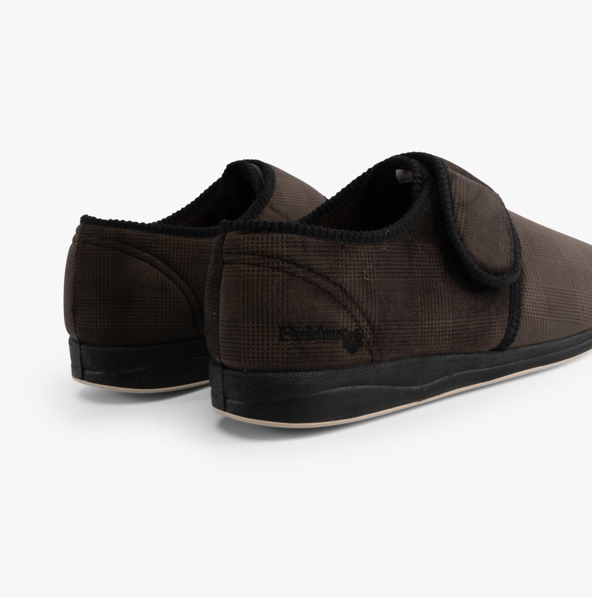 Padders CHARLES Mens (G Fit) Slippers Brown Checked back view showing the textile upper and rubber sole.