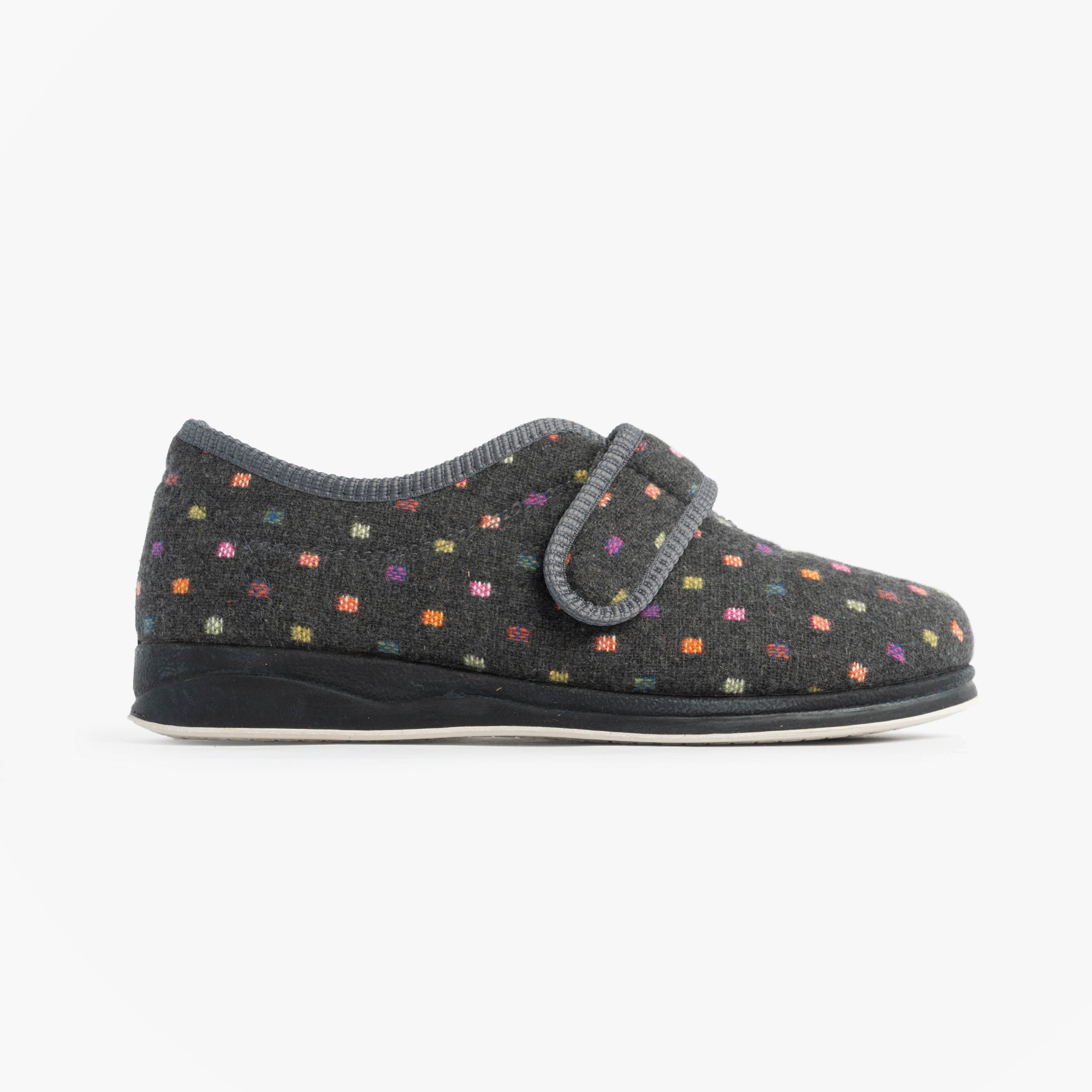 Padders CAMILLA Womens (2E Fit) Touch Fasten Polka Dot Slippers Grey/Multi side view showing adjustable strap and polka dot design.