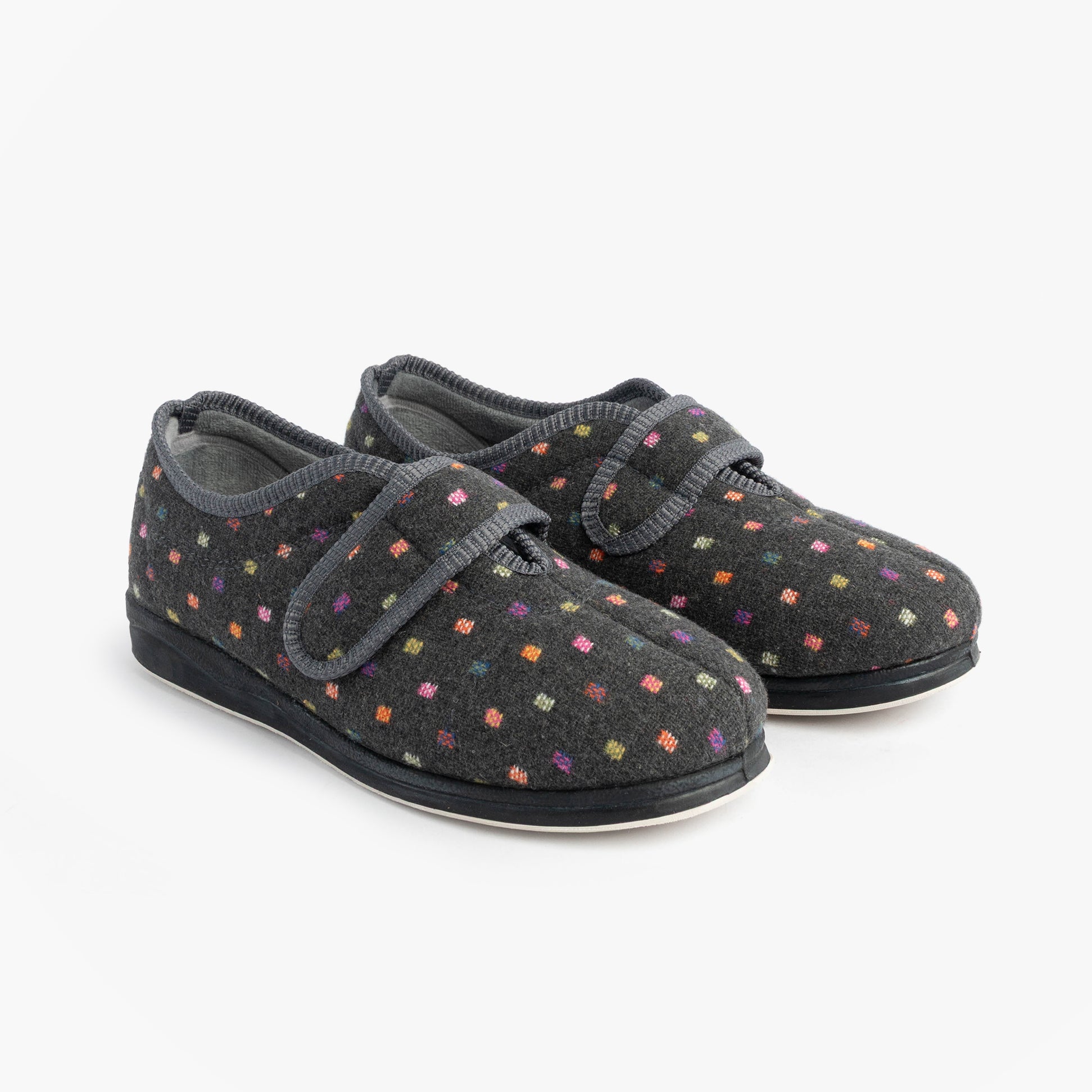 Padders CAMILLA Womens (2E Fit) Touch Fasten Polka Dot Slippers Grey/Multi side view showcasing colorful polka dots.