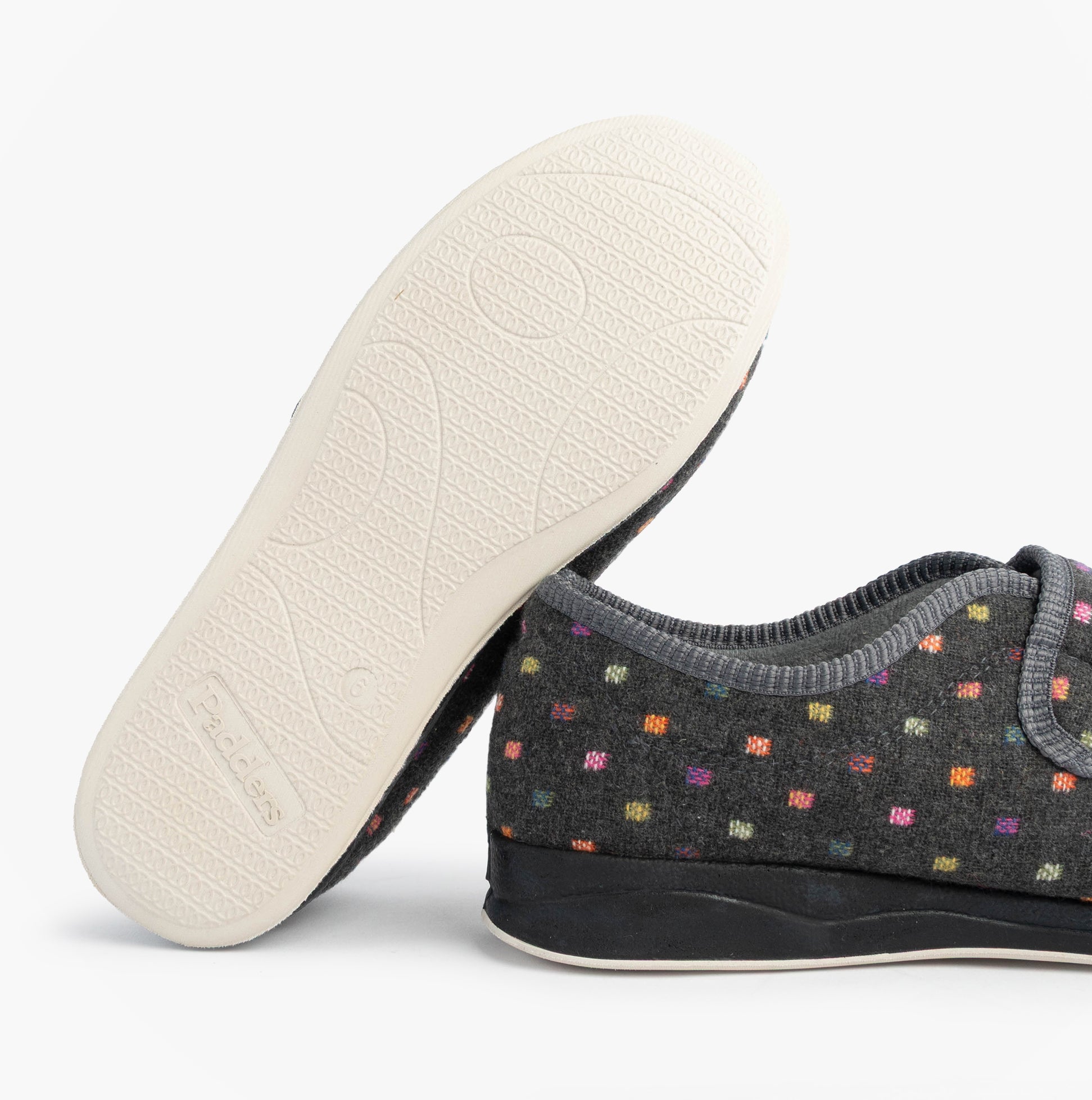 Padders CAMILLA Womens (2E Fit) Touch Fasten Polka Dot Slippers Grey/Multi bottom view showcasing rubber sole and textile upper.