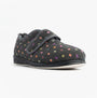 Padders CAMILLA Womens (2E Fit) Touch Fasten Polka Dot Slippers Grey/Multi side view showing plush fabric and adjustable strap.