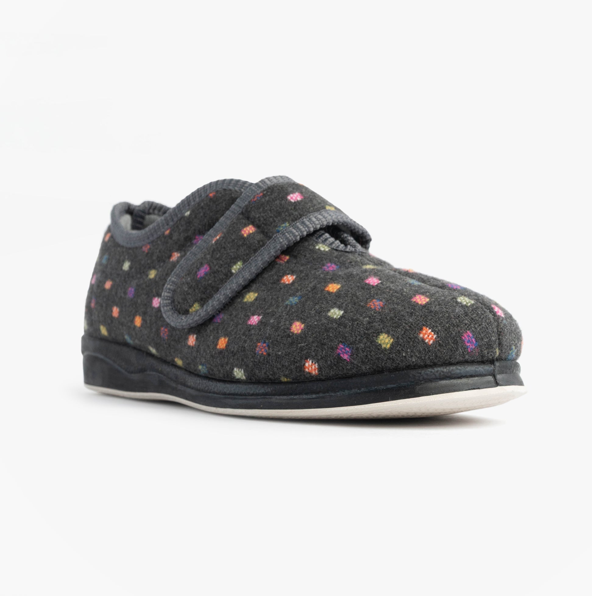 Padders CAMILLA Womens (2E Fit) Touch Fasten Polka Dot Slippers Grey/Multi side view showing plush fabric and adjustable strap.