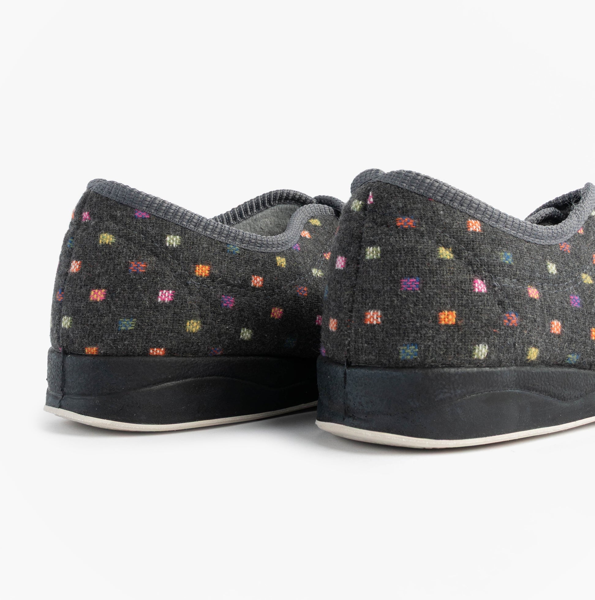 Padders CAMILLA Womens (2E Fit) Touch Fasten Polka Dot Slippers Grey/Multi rear view showing colorful polka dots.