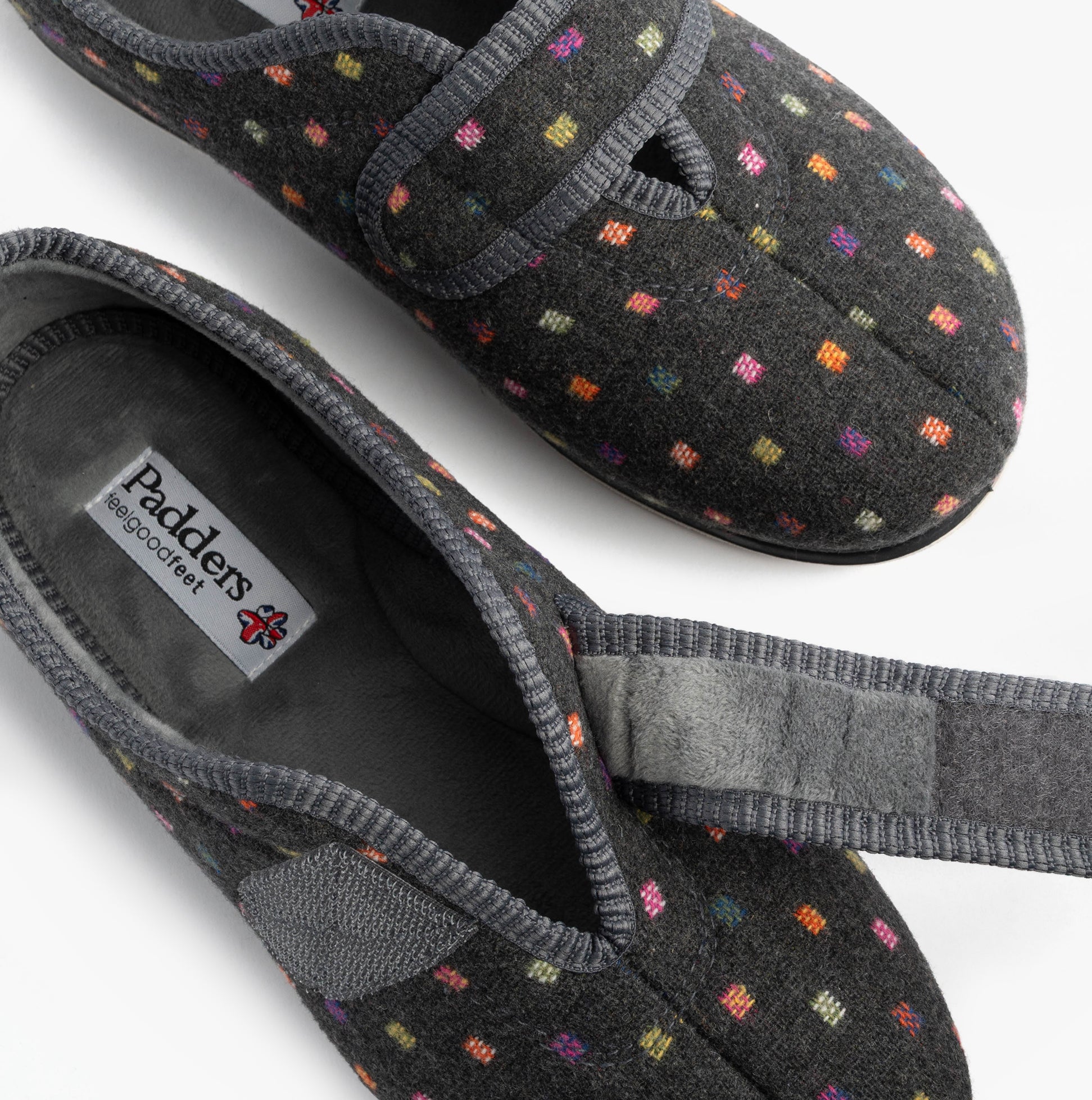 Padders CAMILLA Womens (2E Fit) Touch Fasten Polka Dot Slippers Grey/Multi top view detailing the colorful polka dots and adjustable strap.