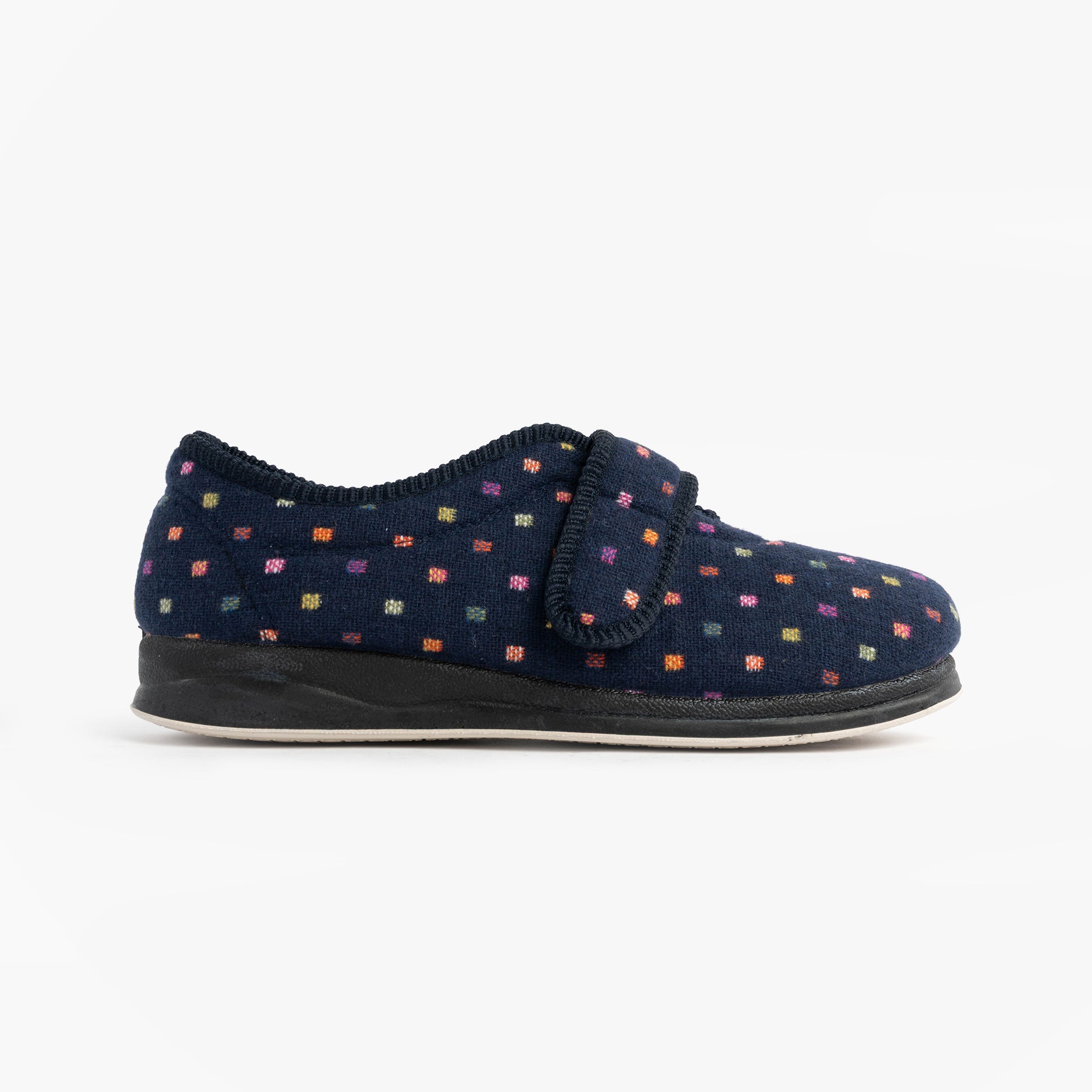 Padders CAMILLA Womens (2E Fit) Touch Fasten Polka Dot Slippers Navy/Multi side view showing adjustable strap and textile upper.