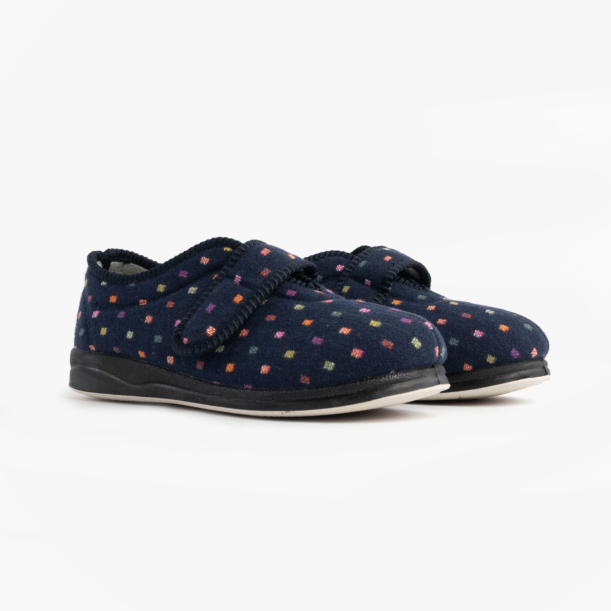 Padders CAMILLA Womens (2E Fit) Touch Fasten Polka Dot Slippers Navy/Multi side view, showing adjustable strap and colorful polka dots.