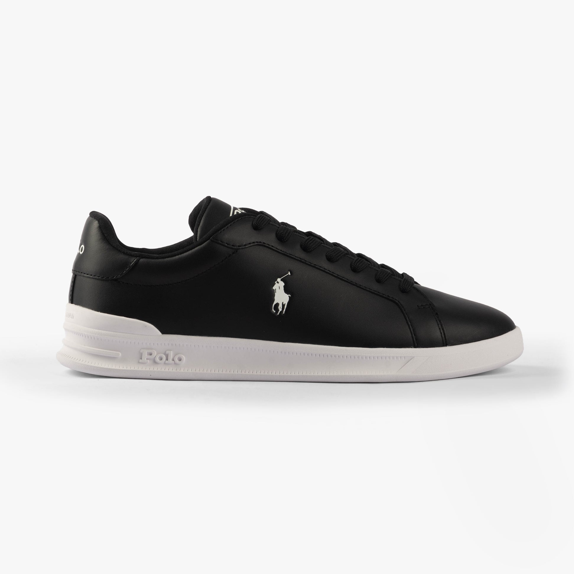 Polo Ralph Lauren HRT CT II Mens Trainers Black/White side view leather casual shoes with round toe and lace-up closure