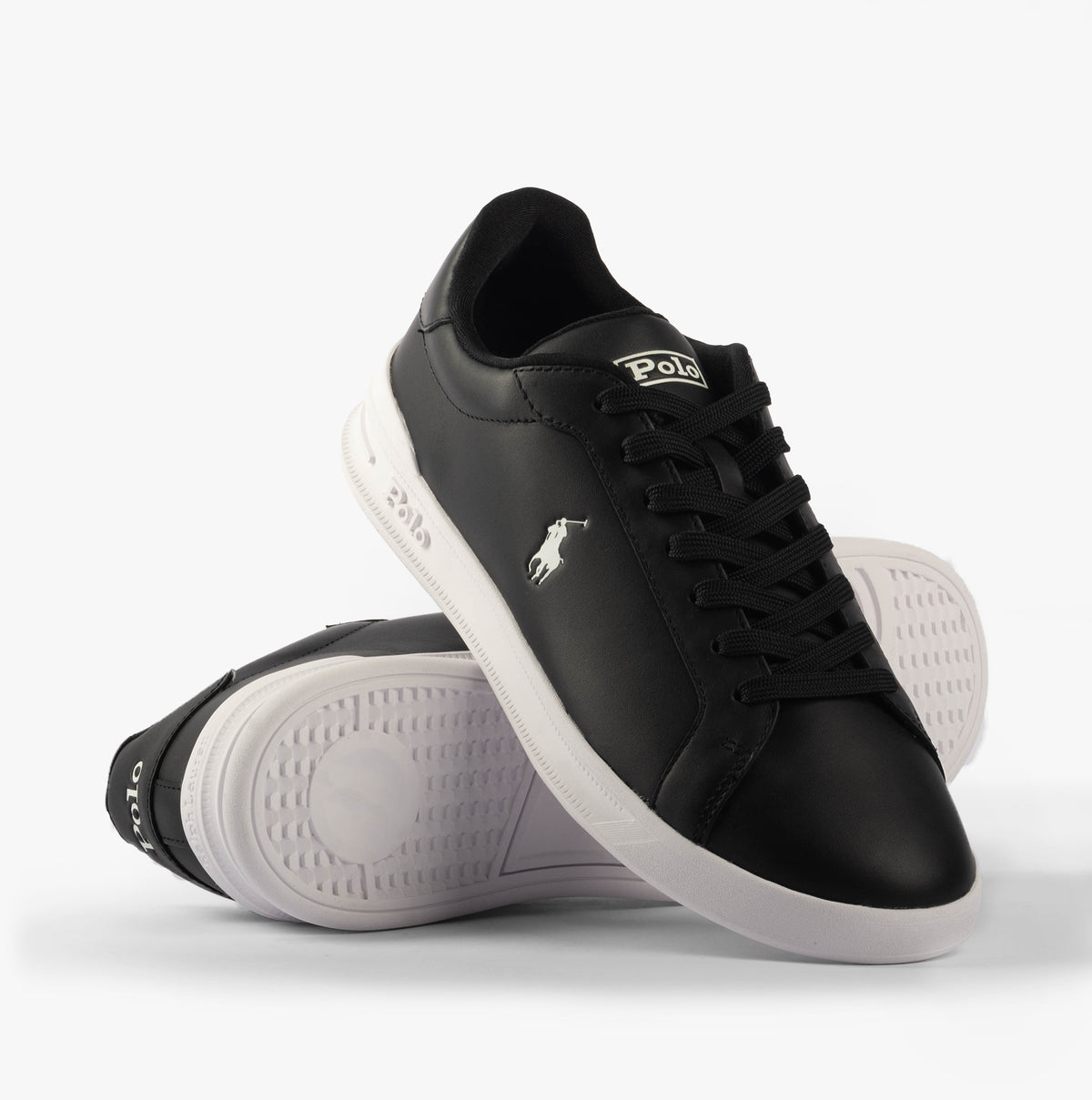 Polo Ralph Lauren HRT CT II Mens Trainers Black/White side view with lace-up closure and rubber sole.