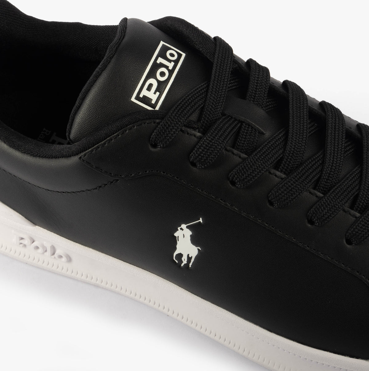 Polo Ralph Lauren HRT CT II Mens Trainers Black/White detail view showing the black leather upper and logo.