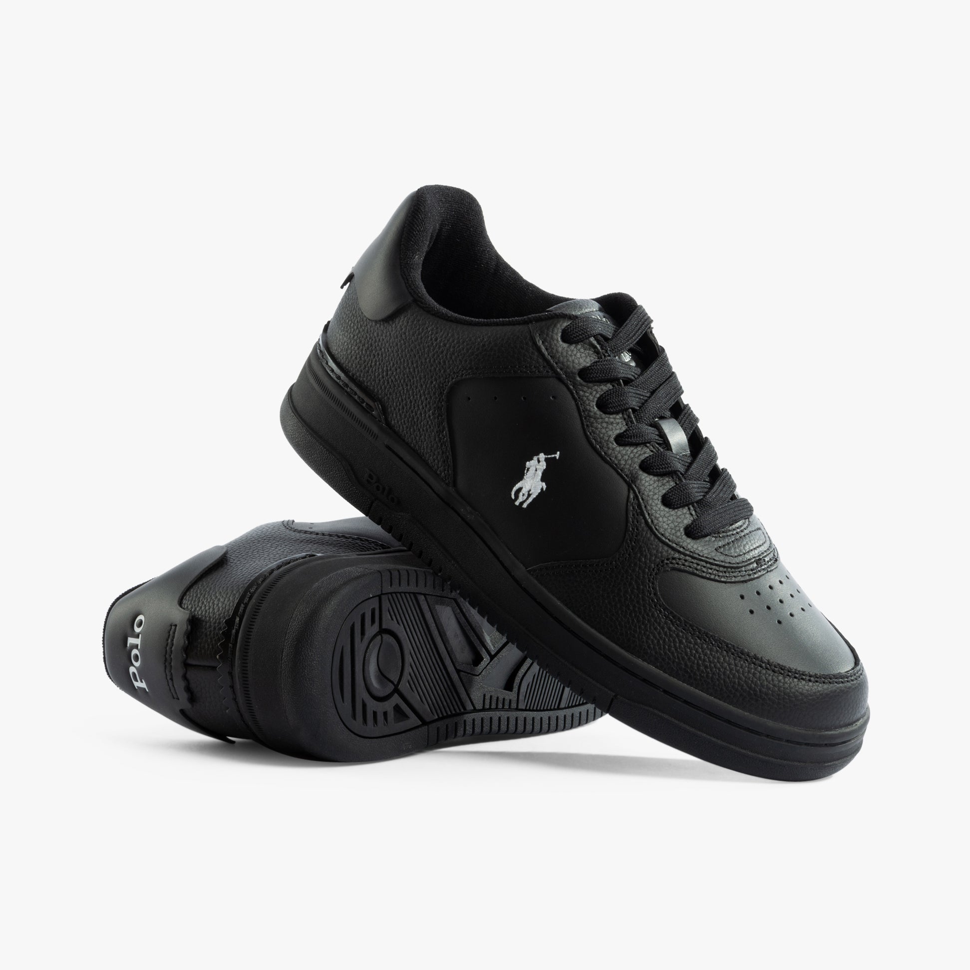Polo Ralph Lauren MASTERS Mens Trainers Black/Black/White side view showcasing lace-up design and rubber sole.