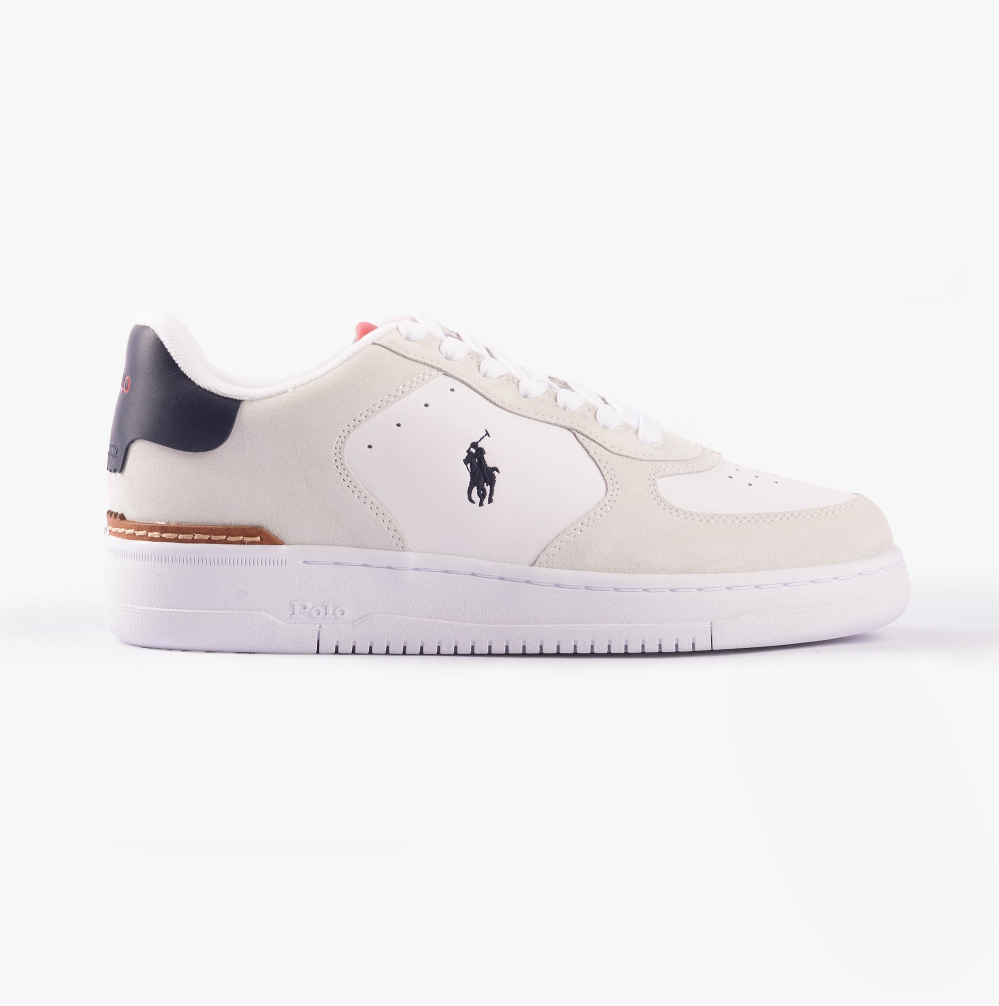 Polo Ralph Lauren MASTERS Mens Trainers White/Navy/Red side view showing leather upper and lace-up design.
