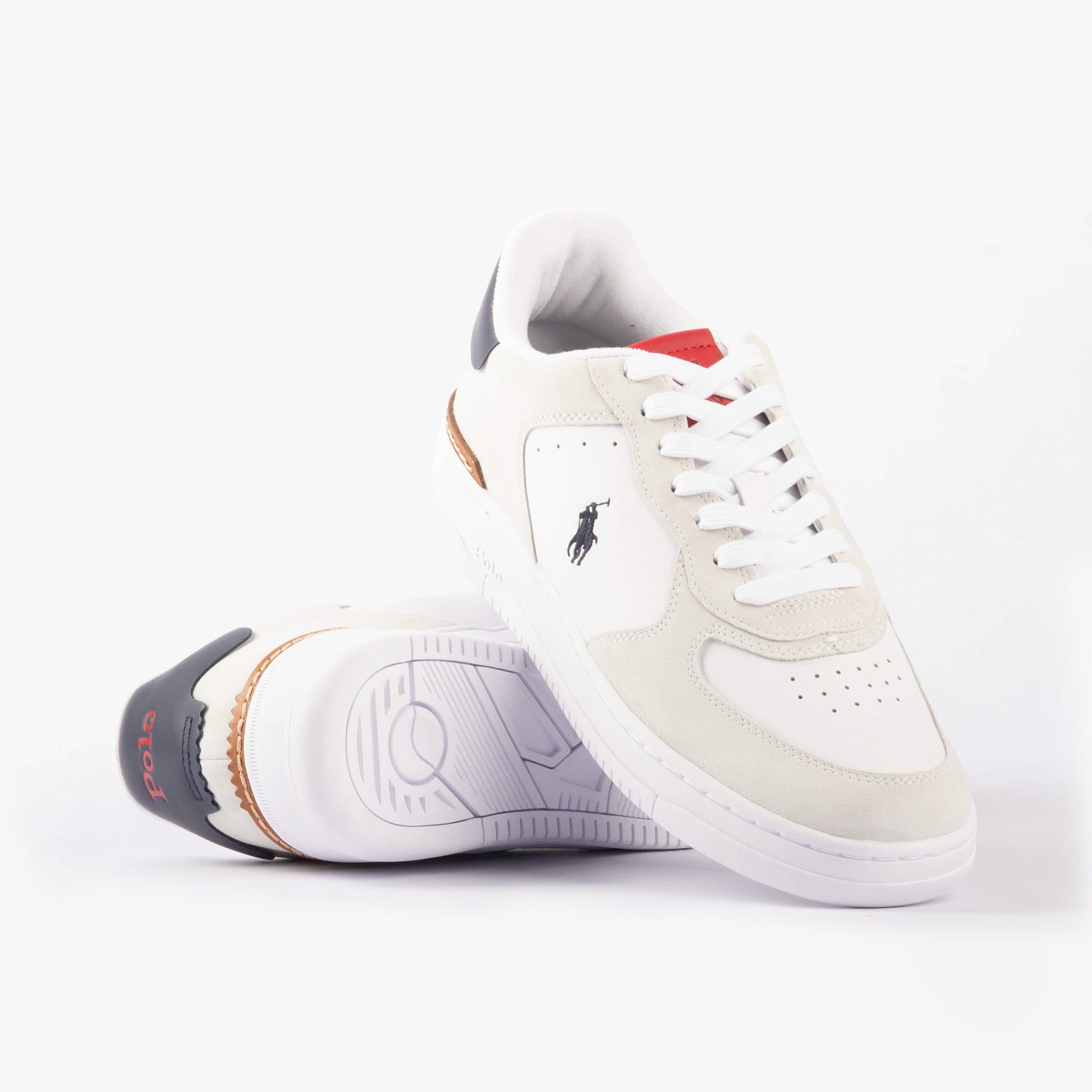 Polo Ralph Lauren MASTERS Mens Trainers White/Navy/Red side view, casual white leather trainers with lace-up design.