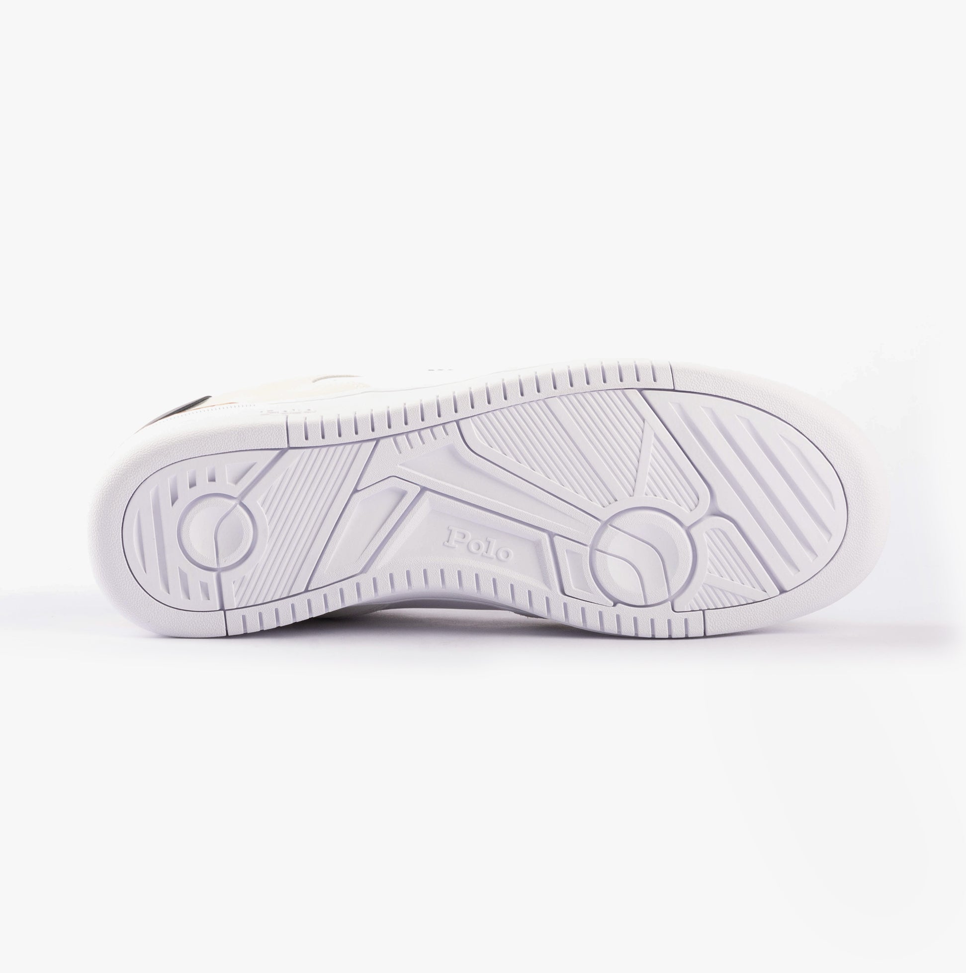 Polo Ralph Lauren MASTERS Mens Trainers White/Navy/Red bottom view showcasing rubber sole design.