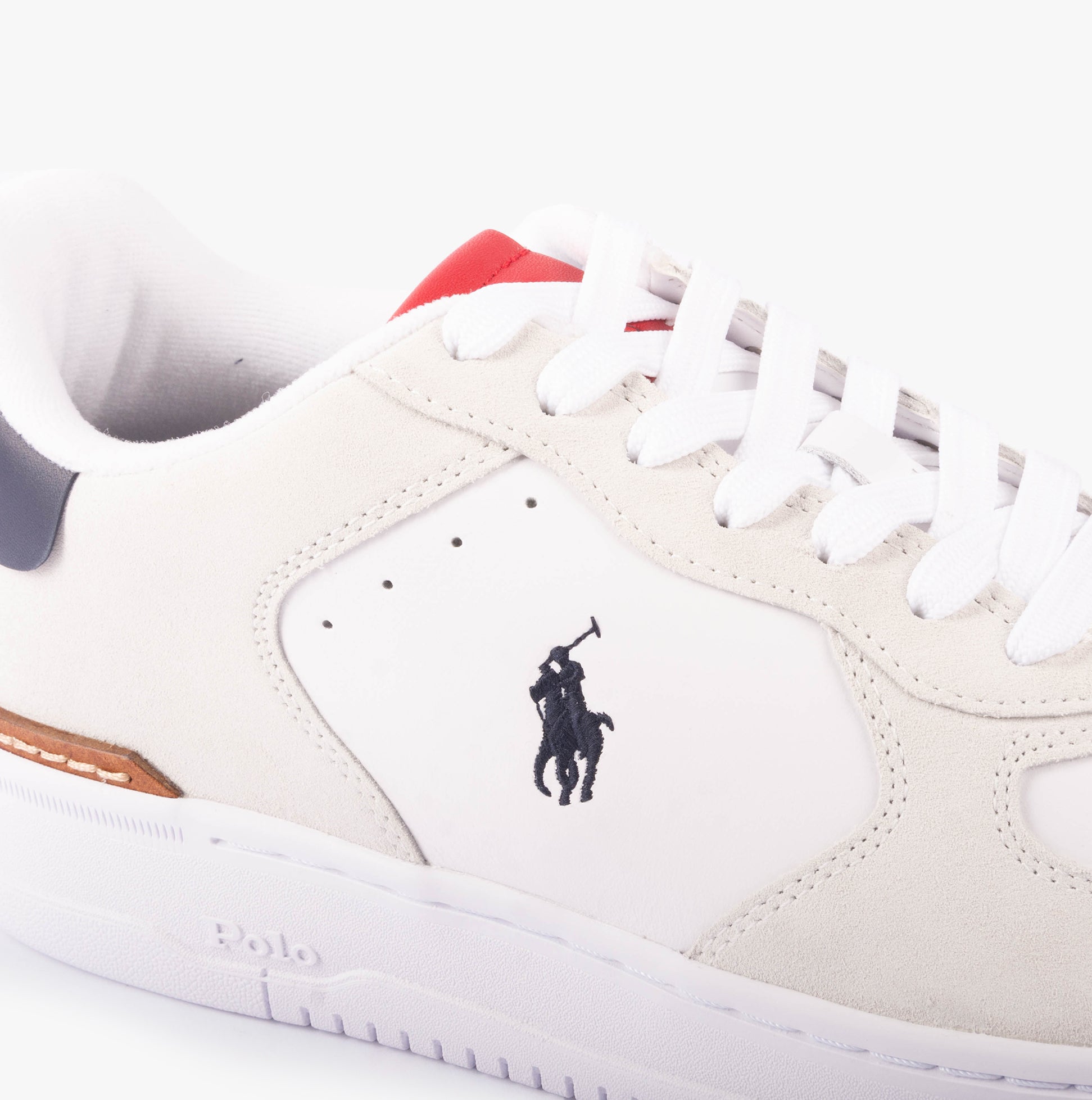 Polo Ralph Lauren MASTERS Mens Trainers White/Navy/Red detail view showcasing logo and lace-up design.