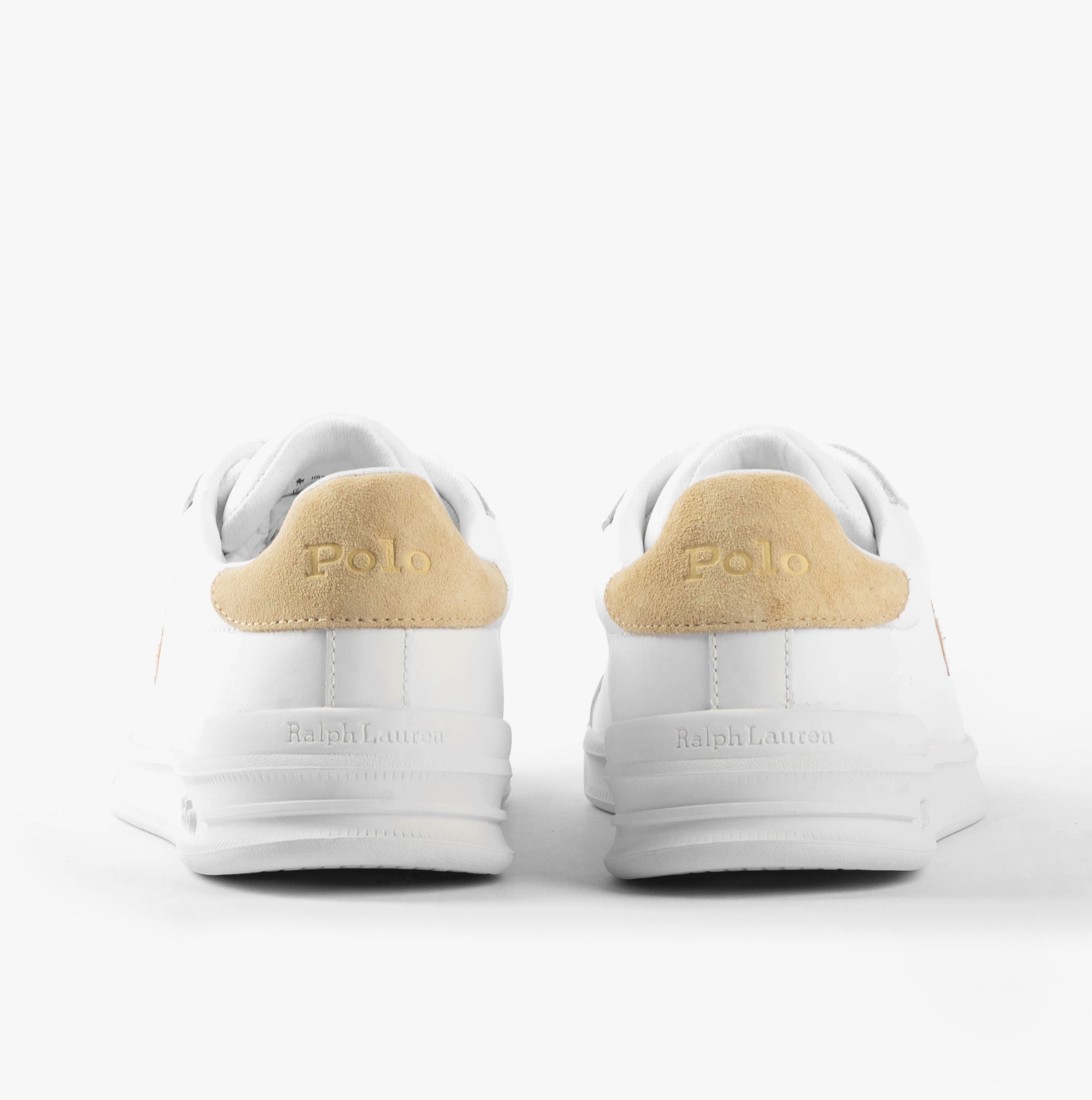 Polo Ralph Lauren HERITAGE COURT II Mens Trainers White/Bone rear view showcasing the suede detailing and logo.