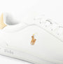 Polo Ralph Lauren HERITAGE COURT II Mens Trainers White/Bone detail view featuring the logo and shoe material.