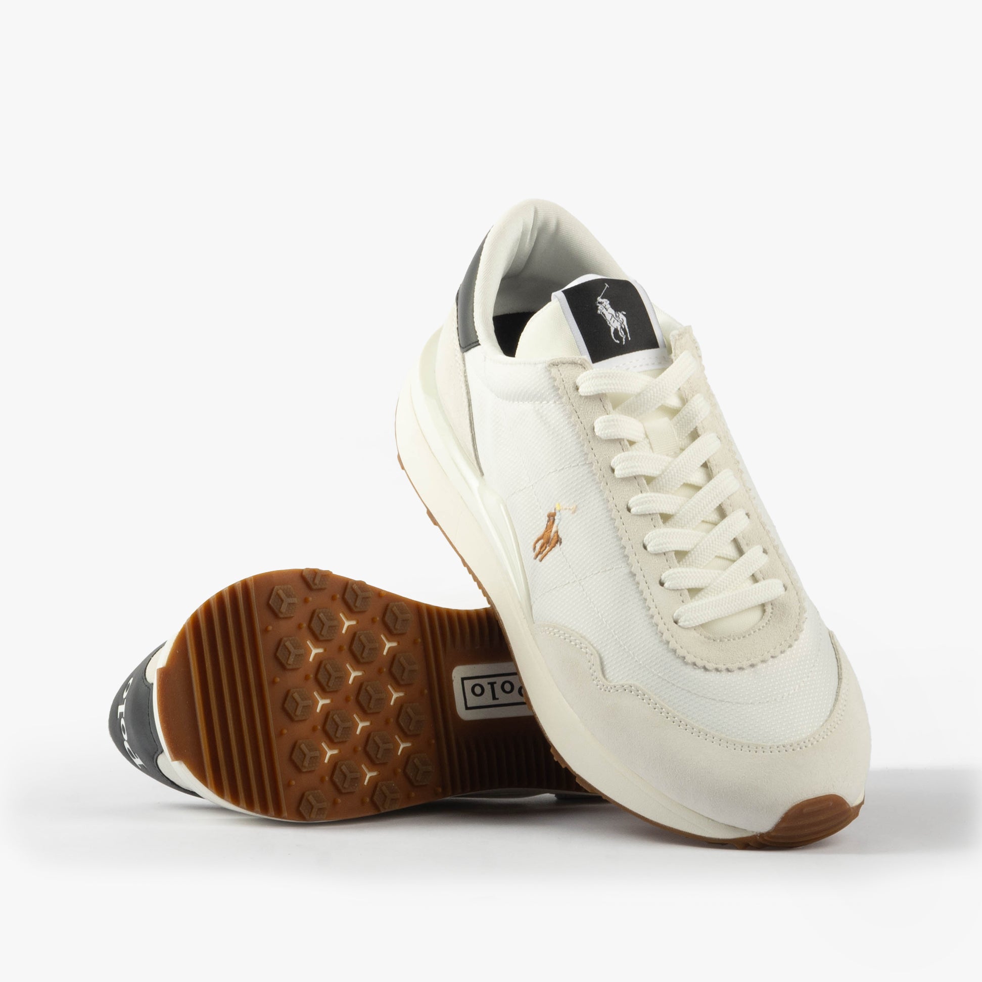 Polo Ralph Lauren TRAIN 89 Mens Trainers Deckwash White/Multi side view showcasing leather upper and rubber sole.