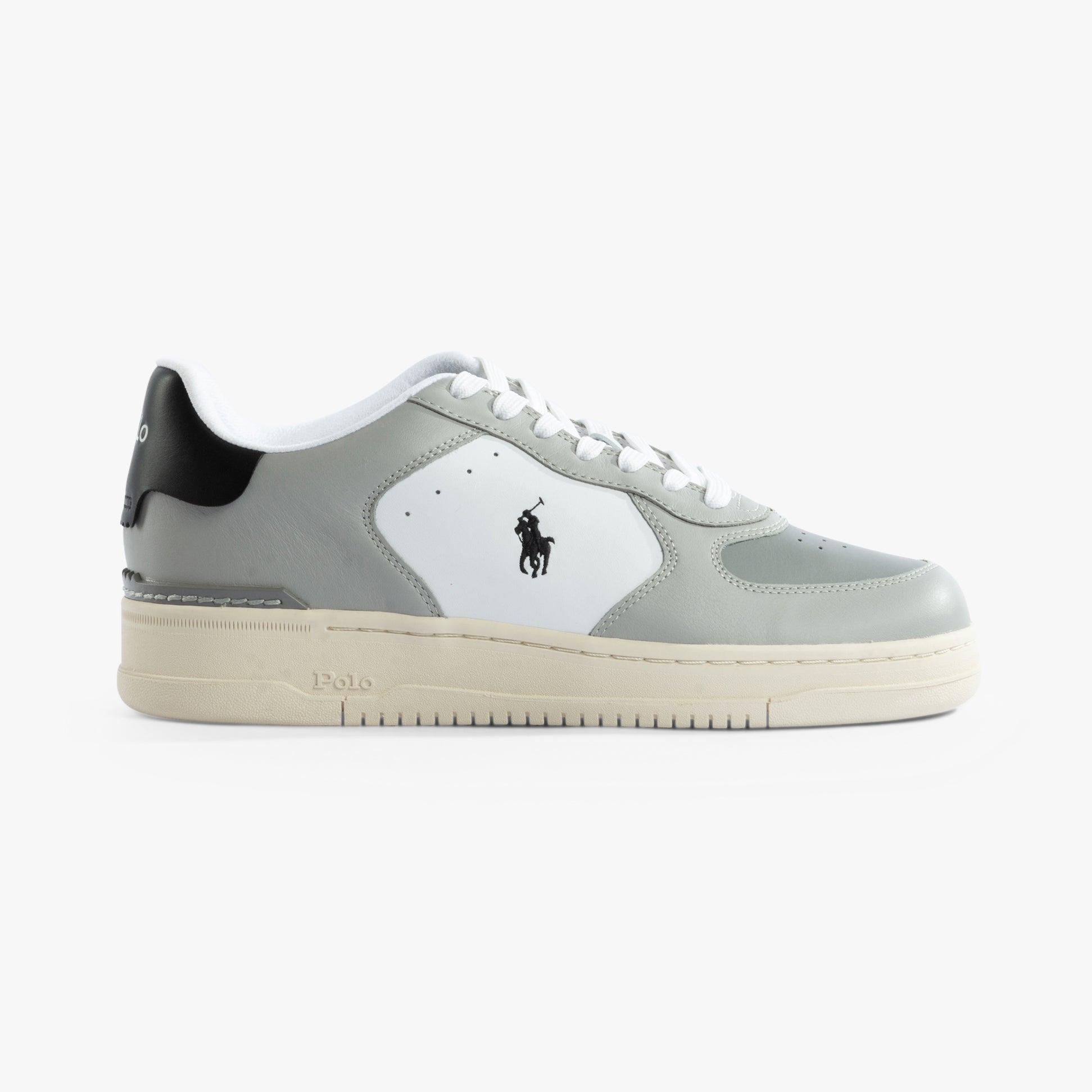 Polo Ralph Lauren MASTERS CRT Mens Trainers Tonal Channel Grey side view showcasing leather upper and lace-up closure.