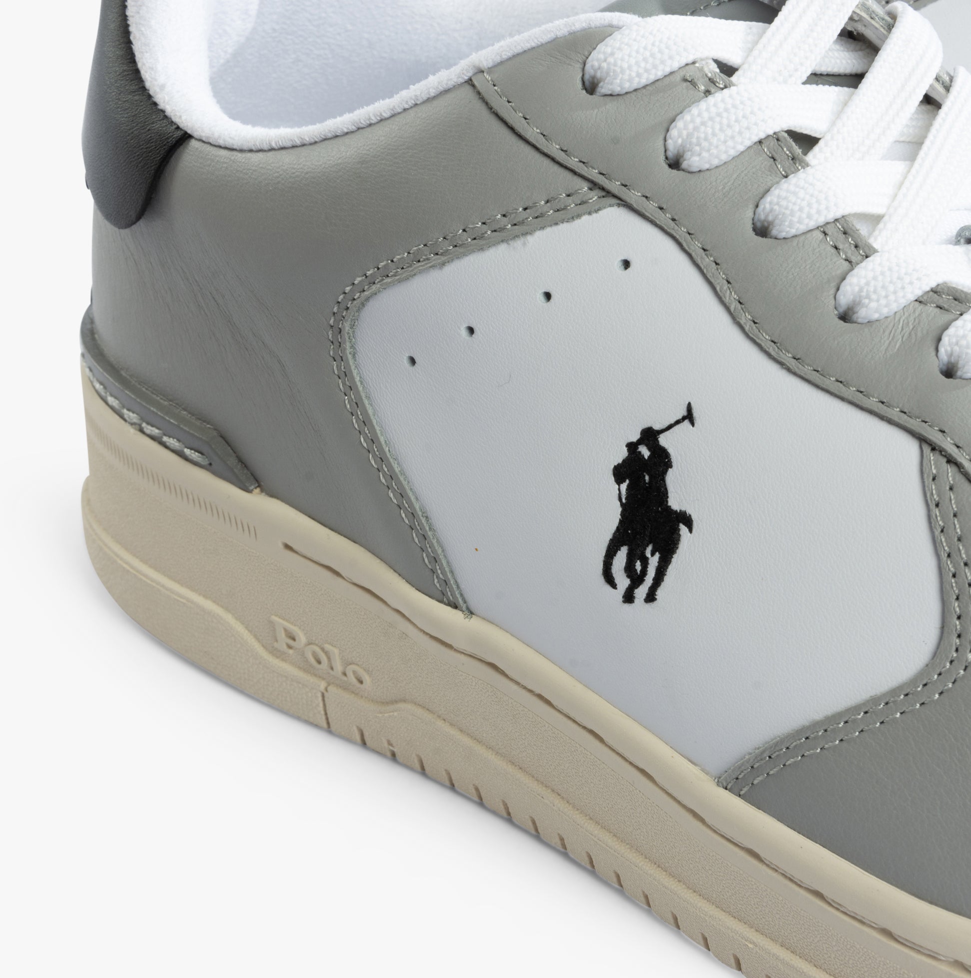 Polo Ralph Lauren MASTERS CRT Mens Trainers Tonal Channel Grey detail view showcasing the logo and tonal design.