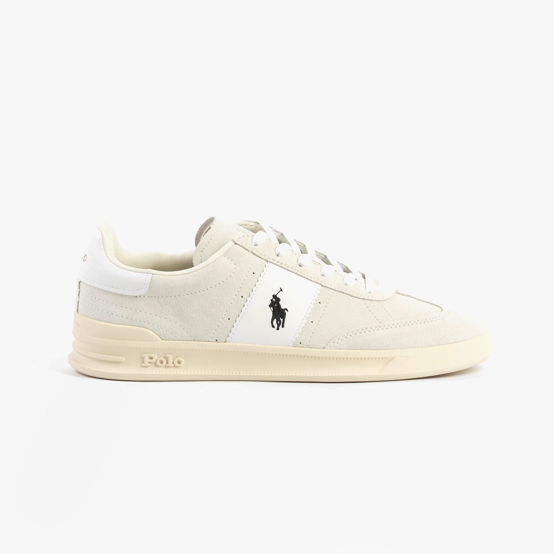 Polo Ralph Lauren HERITAGE AERA Mens Trainers Bianco/White side view with lace-up closure and suede leather upper.