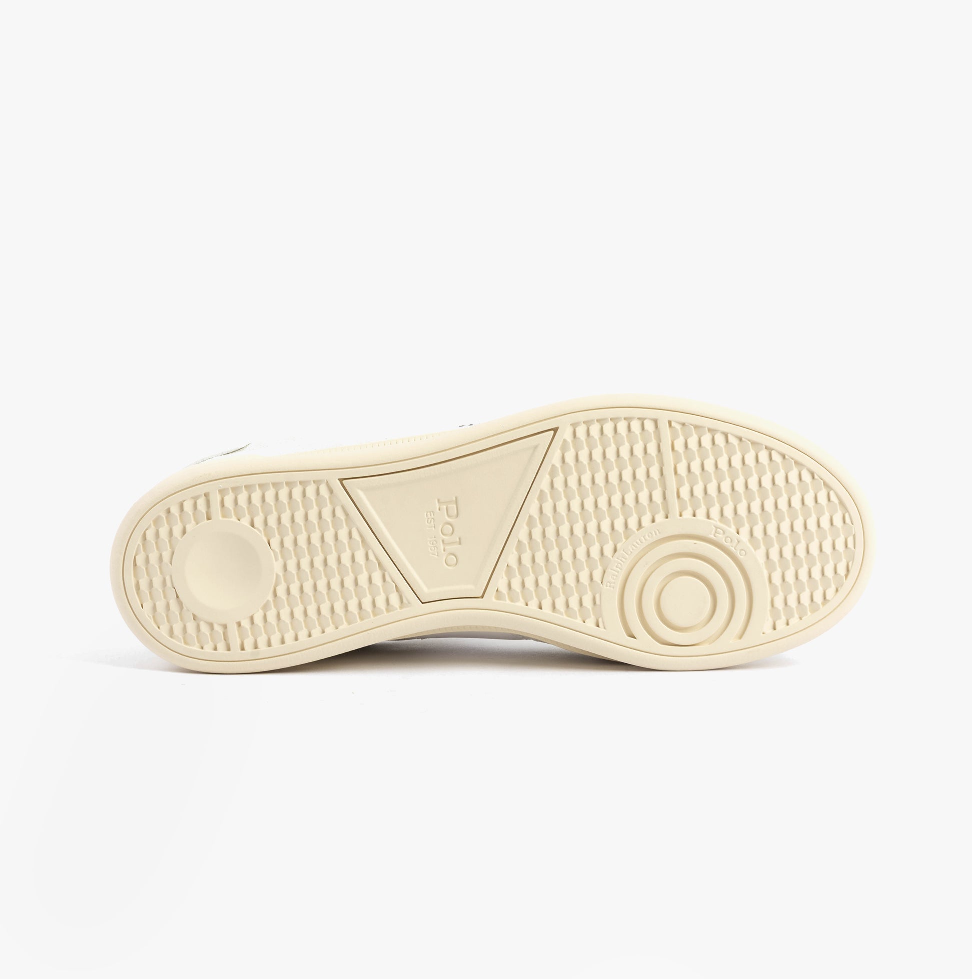 Polo Ralph Lauren HERITAGE AERA Mens Trainers Bianco/White bottom view showing rubber sole detailing.
