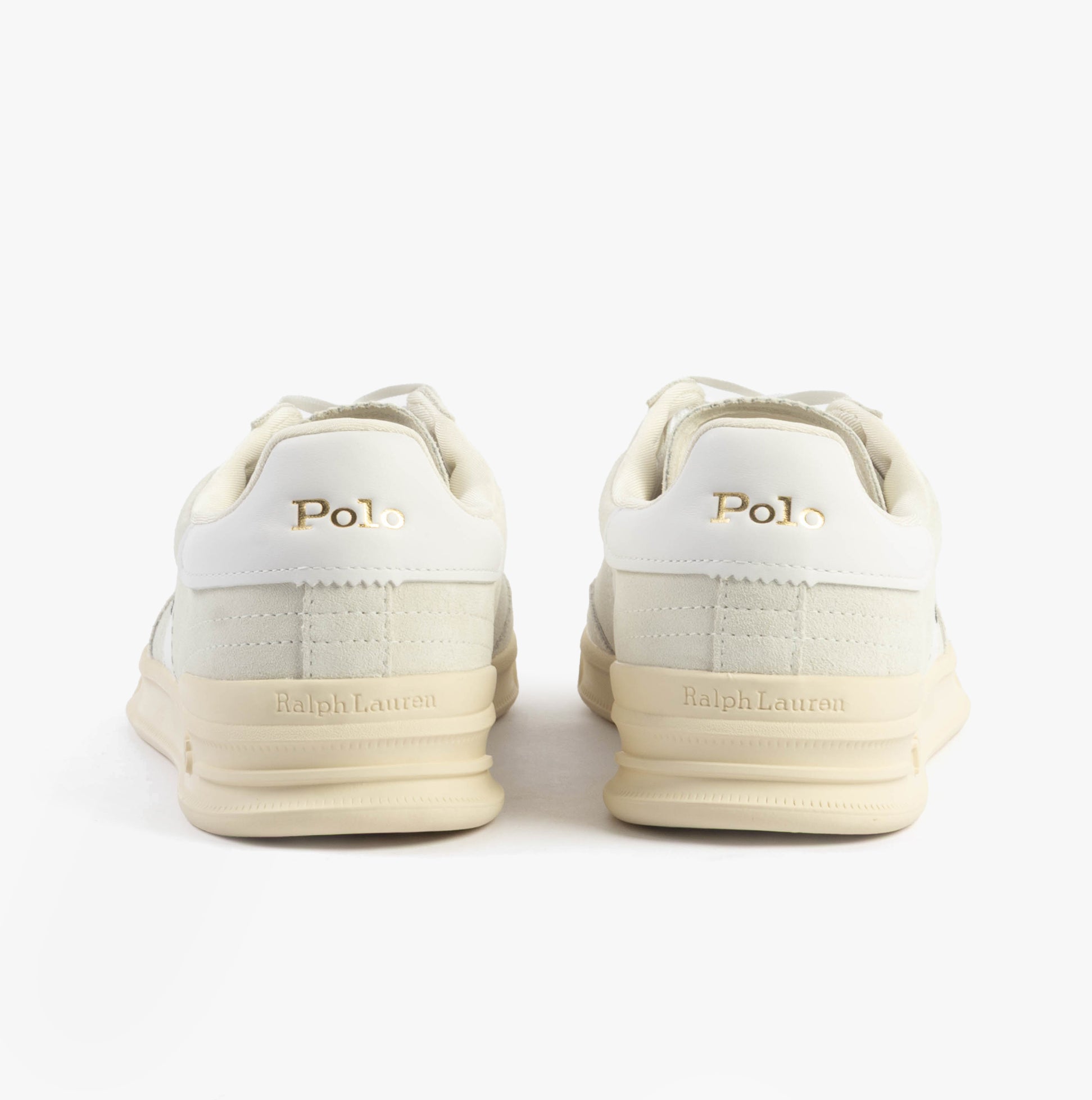 Polo Ralph Lauren HERITAGE AERA Mens Trainers Bianco/White rear view with logo detailing in white and beige.