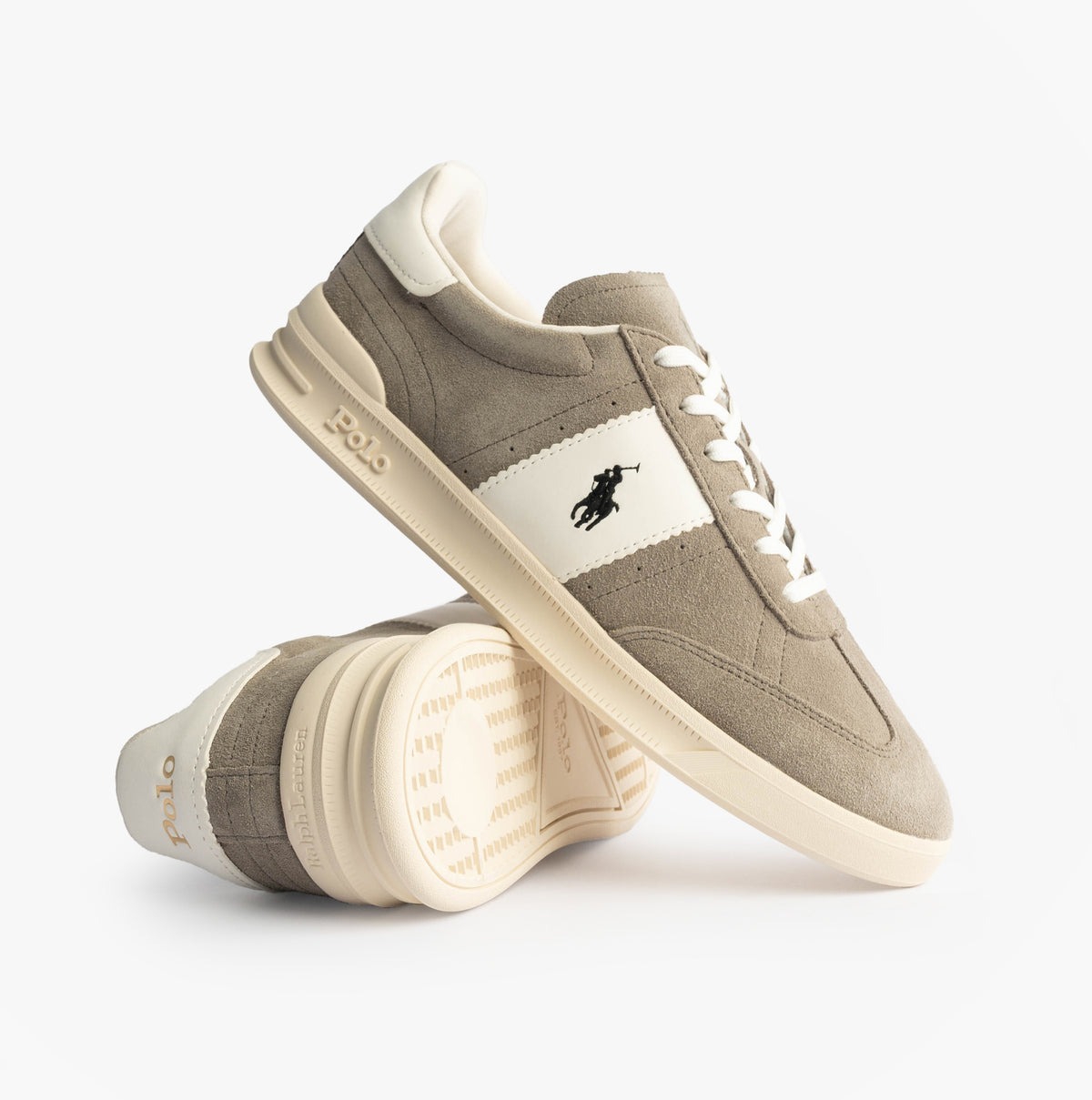 Polo Ralph Lauren HERITAGE AERA Mens Trainers Earth Grey/Deckwash White side view with laces and logo.